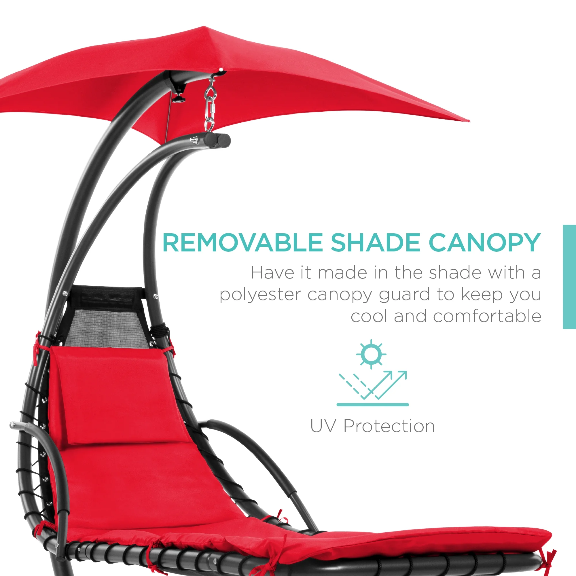 Best Choice Products Hanging Curved Chaise Lounge Chair Swing for Backyard, Patio w/ Pillow, Shade, Stand - Teal - Image 122