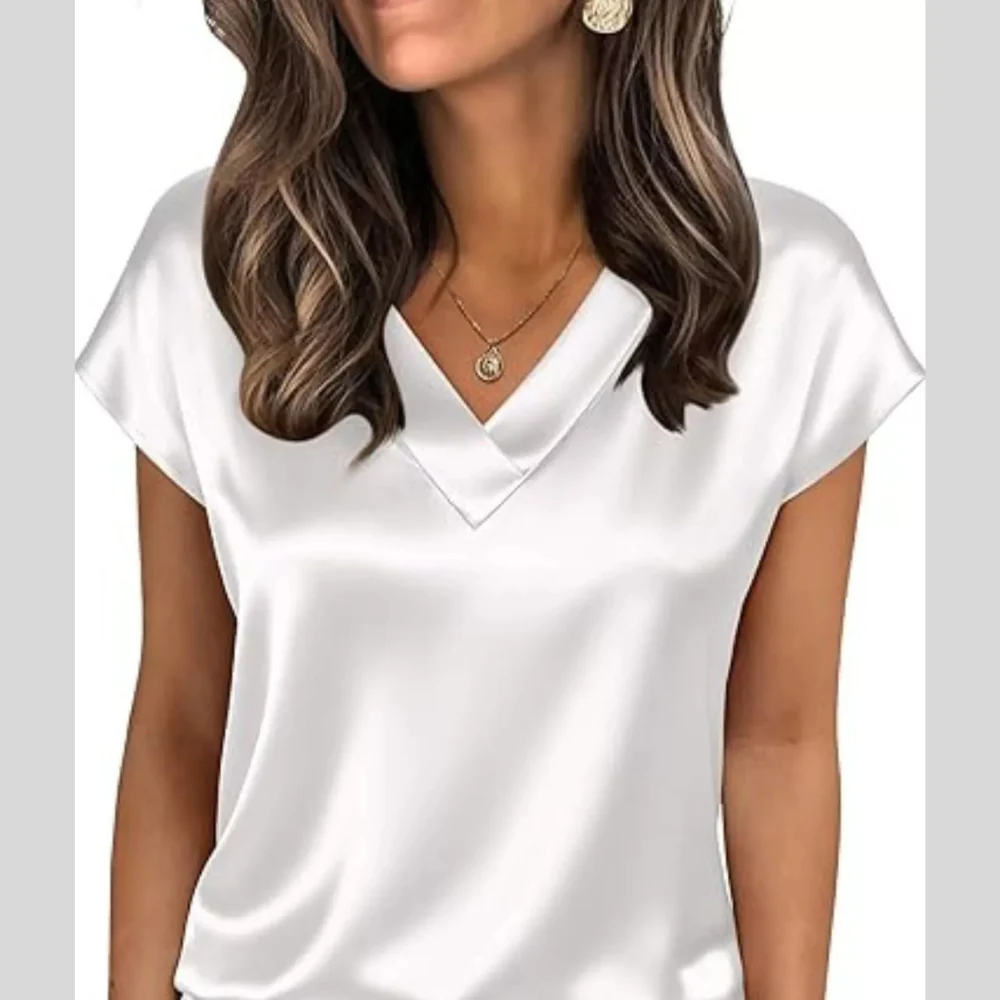 Satin V-Neck Short Sleeve Blouse - ZKZOOK