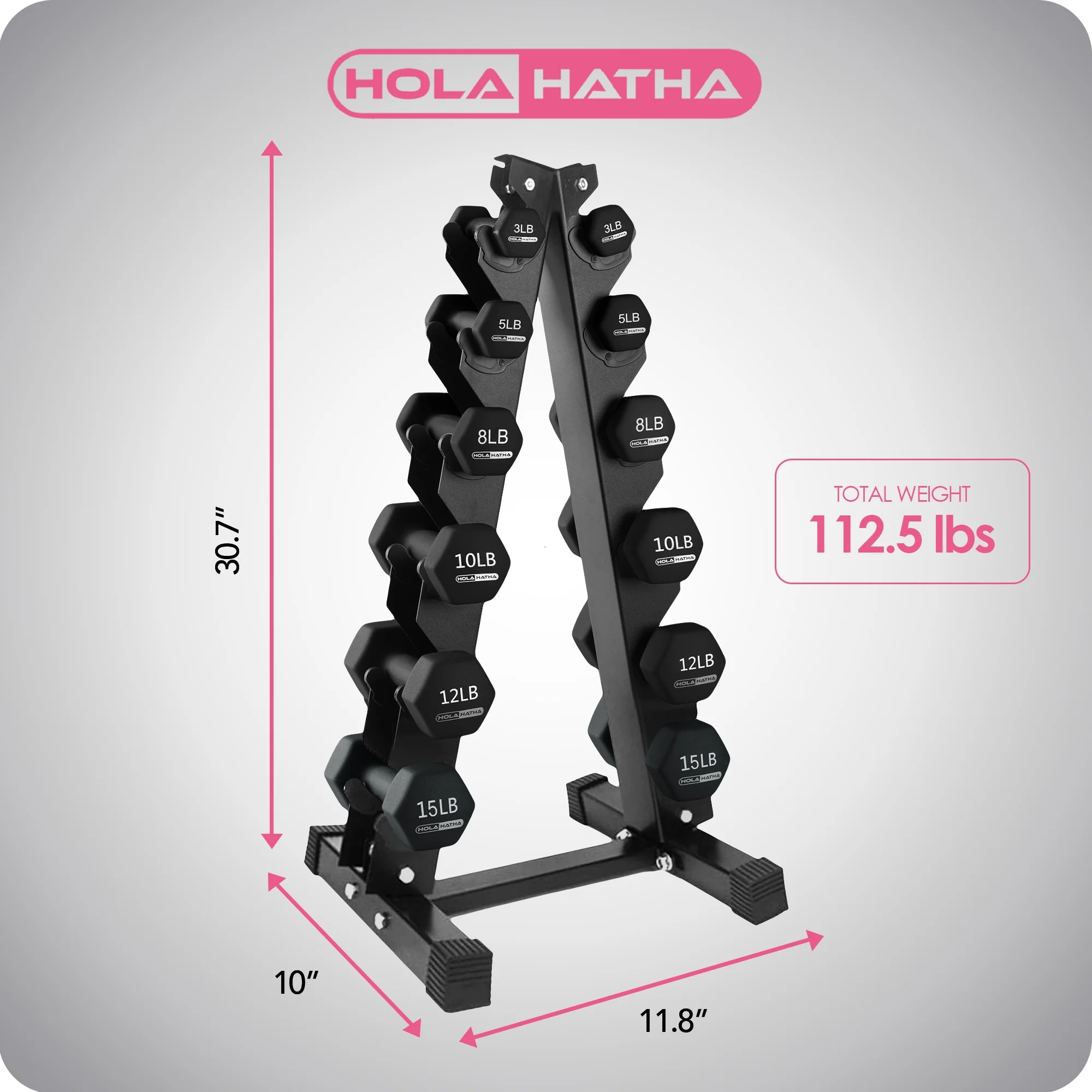 HolaHatha Neoprene Dumbbell Weight Set with Rack (Black), 112.5 lb - Image 4