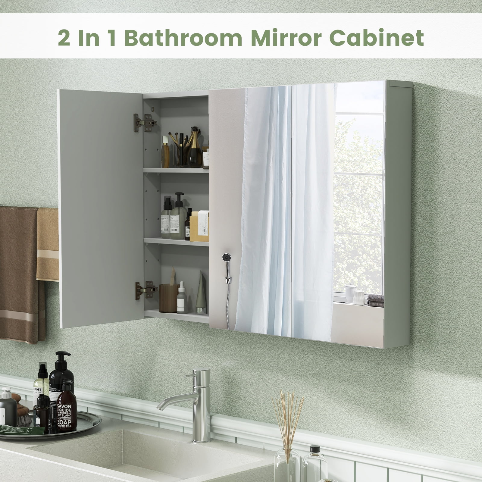Giantex Large Mirrored Medicine Cabinet, Bathroom Wall Mounted Storage Cabinet with Triple Mirrored Doors and Adjustable Shelves, Ideal for Bathroom, Living Room, 36 x 4.5 x 25.5 inches (White)