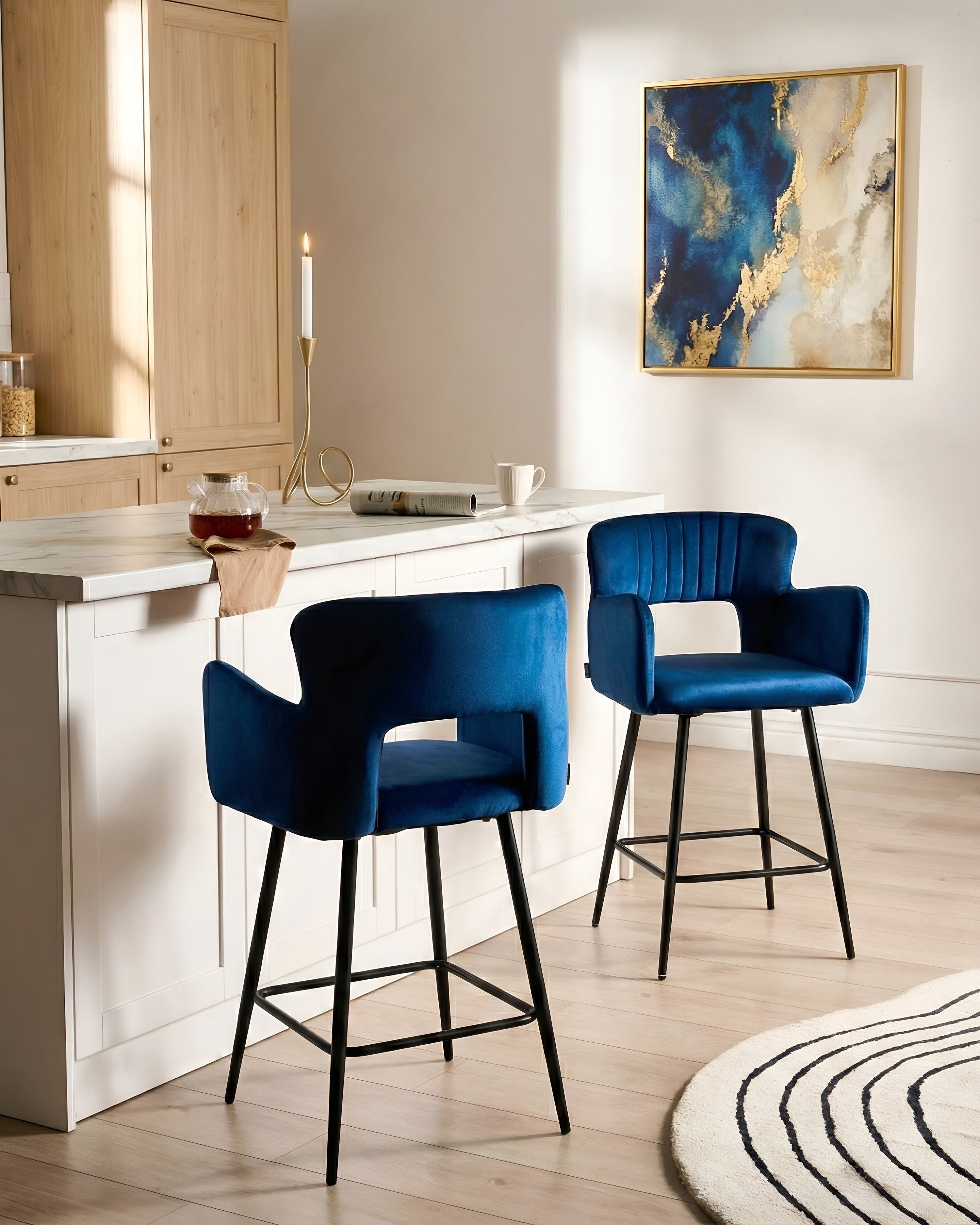 Set of 2 Bar Chairs SANILAC Velvet Navy Blue