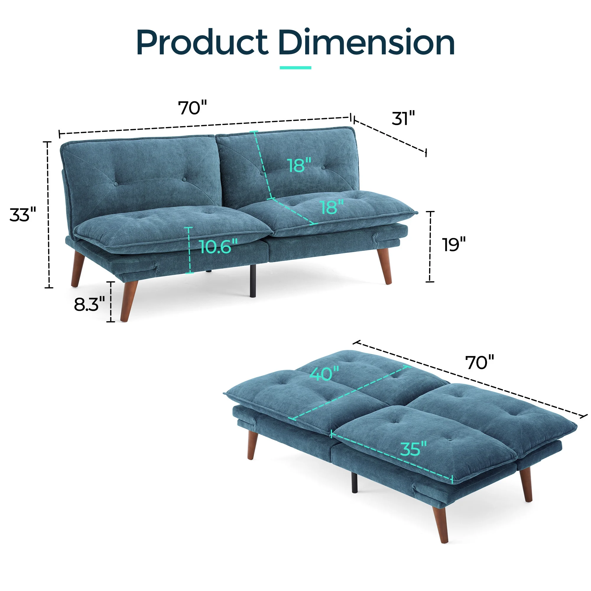 Linsy Home 70" W Chenille Convertible Futon Sofa Bed with Adjustable Armrests, Green - Image 24