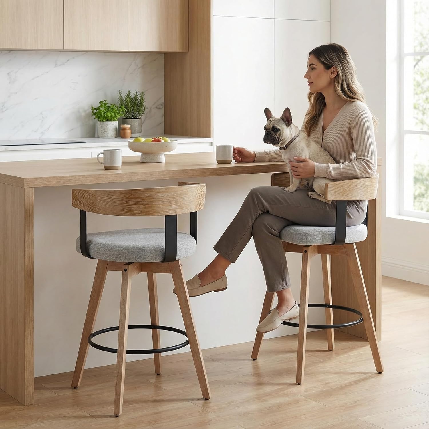 LukeAlon Linen Upholstered Counter Stools Set of 2, 360° Swivel Wooden Kitchen Stools with Wood Full Back Mid Century 26.25