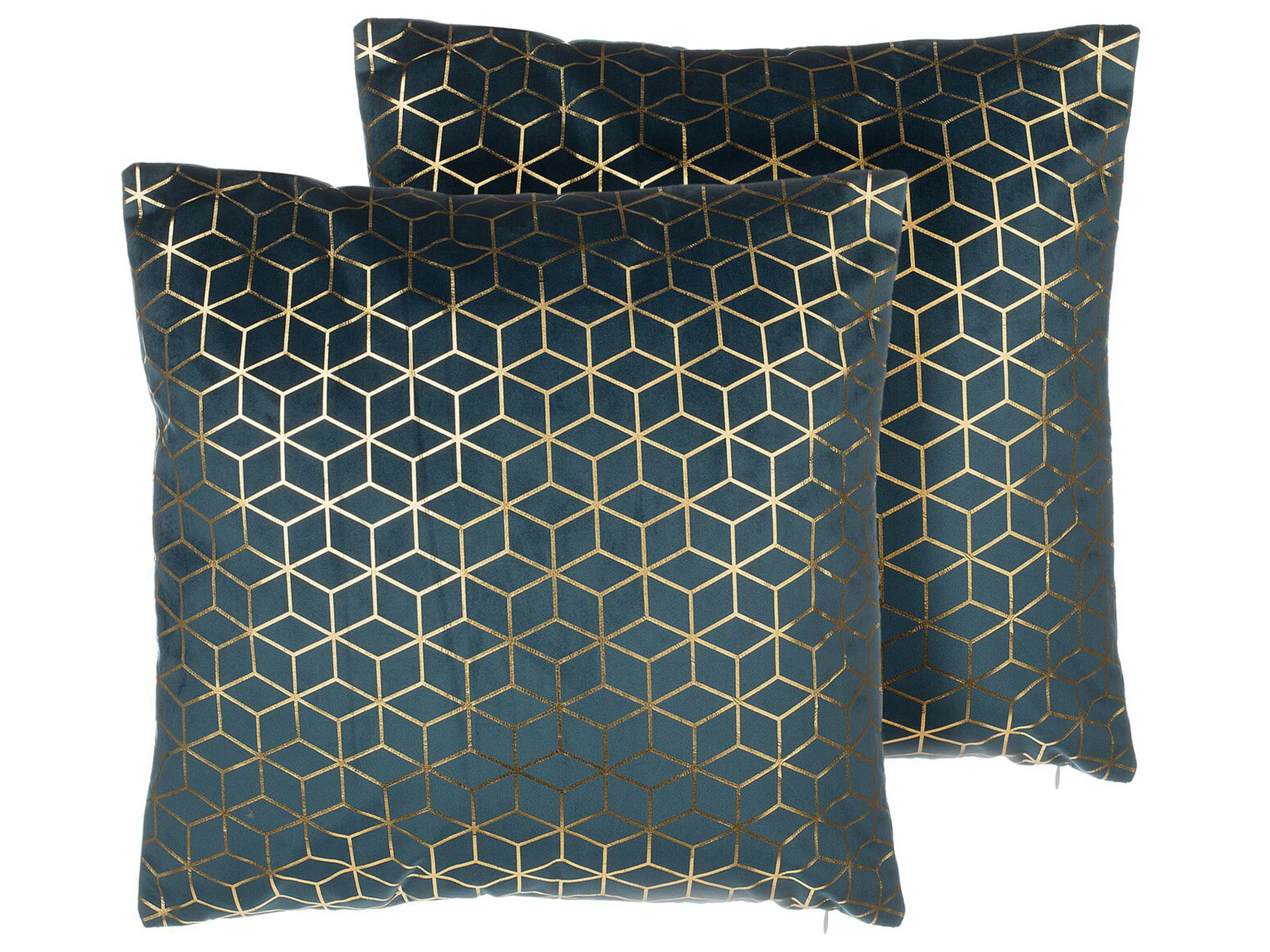 Set of 2 Decorative Cushions CELOSIA Velvet 45 x 45 cm Teal Geometric Pattern