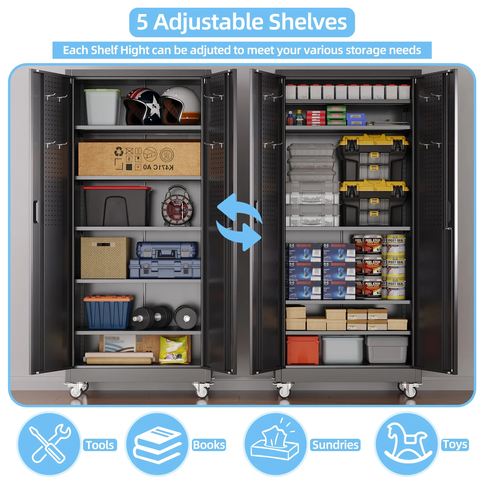 GangMei 71 inches Tall Metal Rolling Garage Storage Cabinets with Locking Doors and 5 Adjustable Shelves, Metal Storage Cabinet for Garage, Office, Home, Classroom, Assemble Required(Black) - Image 13