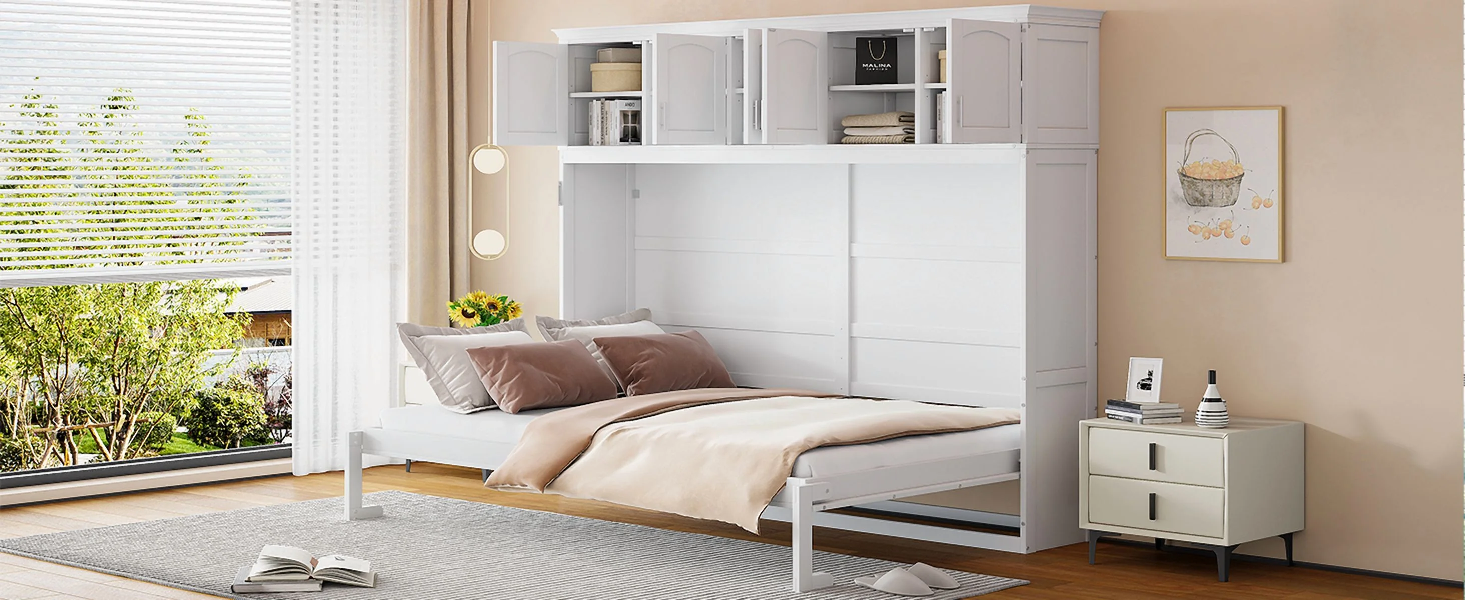 Newest Queen Size Murphy Bed Wall Bed with Top Cabinets,Gray - Image 10