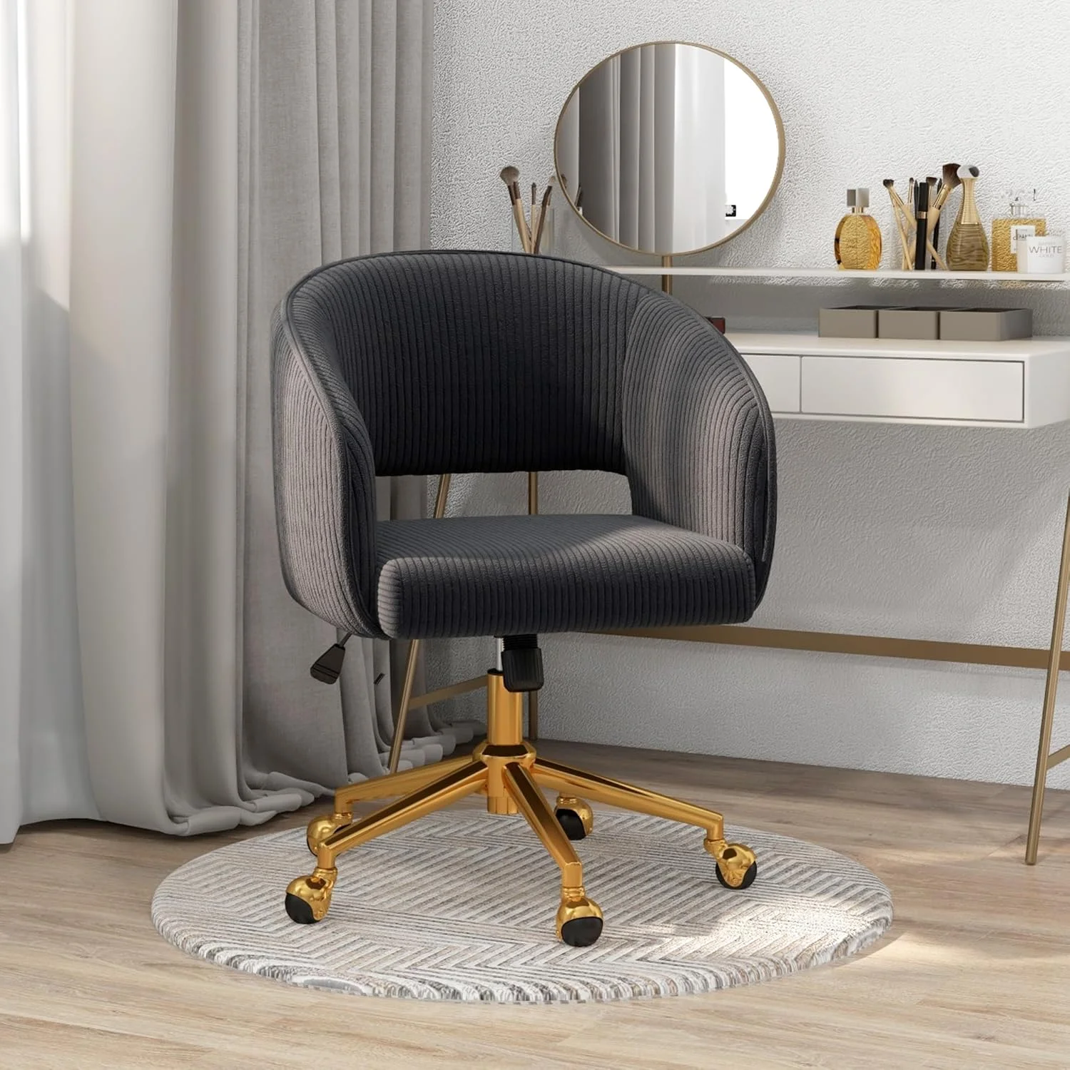 Home Office Swivel Desk Chair, Modern Velvet Vanity Chair, Height Adjustable Armchair with Gold Base, Ergonomic Office Chair for Task Study Computer Room, Beige - Image 38