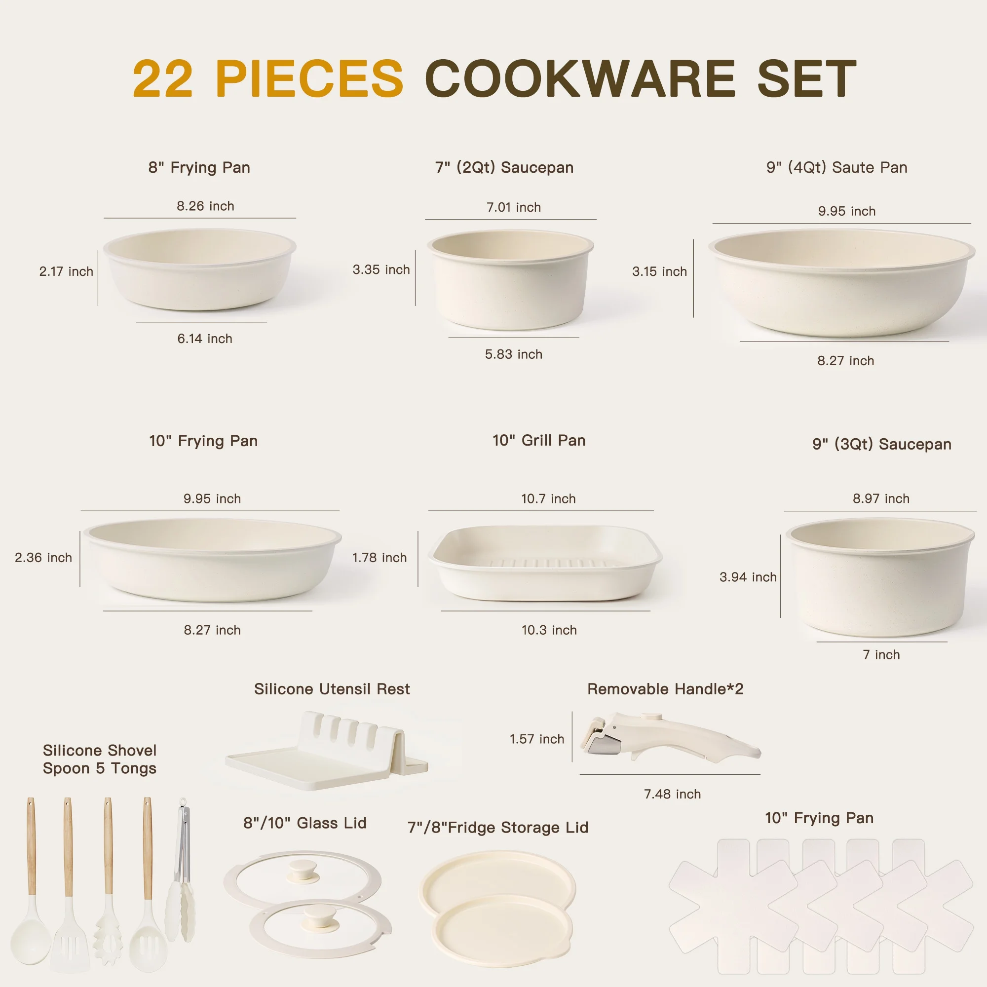 Astercook 22 Piece Ceramic Pots and Pans Set Non Stick, Cookware Set with Detachable Handles, Oven Safe, Induction Ready, Stackable RV Kitchen Cooking Set, Cream White - Image 9