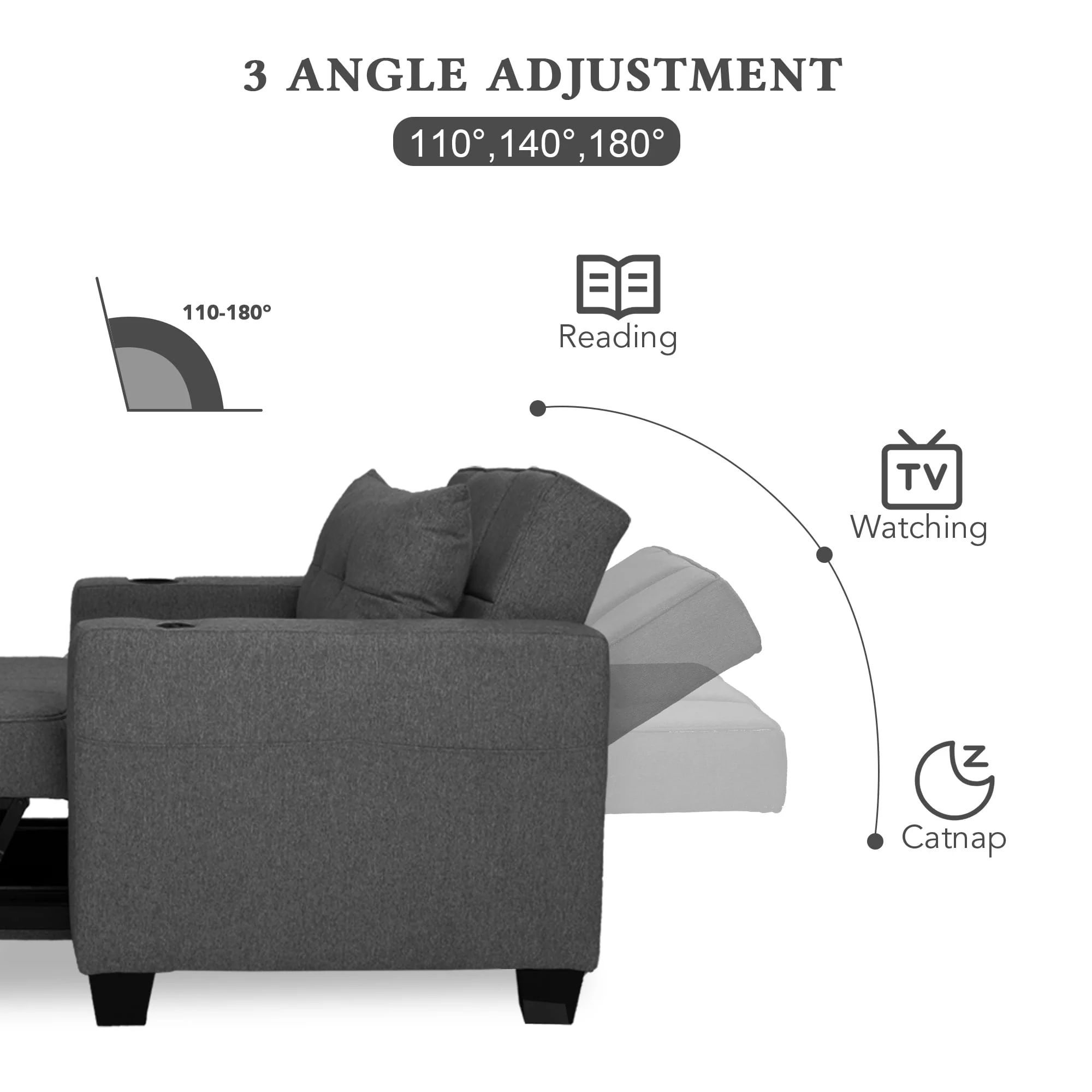 DURASPACE 3 in 1 Convertible Sleeper Chair Bed with Usb Port, Linen Pull Out Chair Indoor, Dark Gray - Image 3