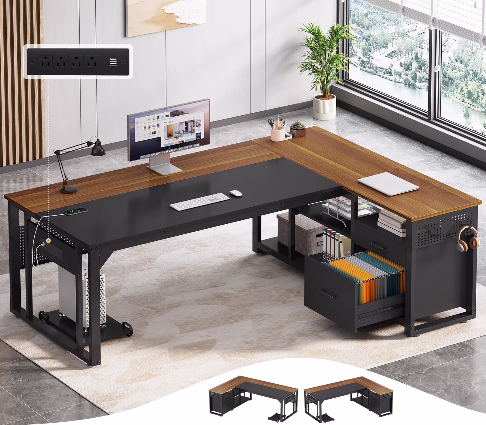 71" Executive Desk with Power Outlets, Modern L Shaped Office Desk with File Drawers and Pegboard, Large Computer Desk, Rustic Brown - Image 5