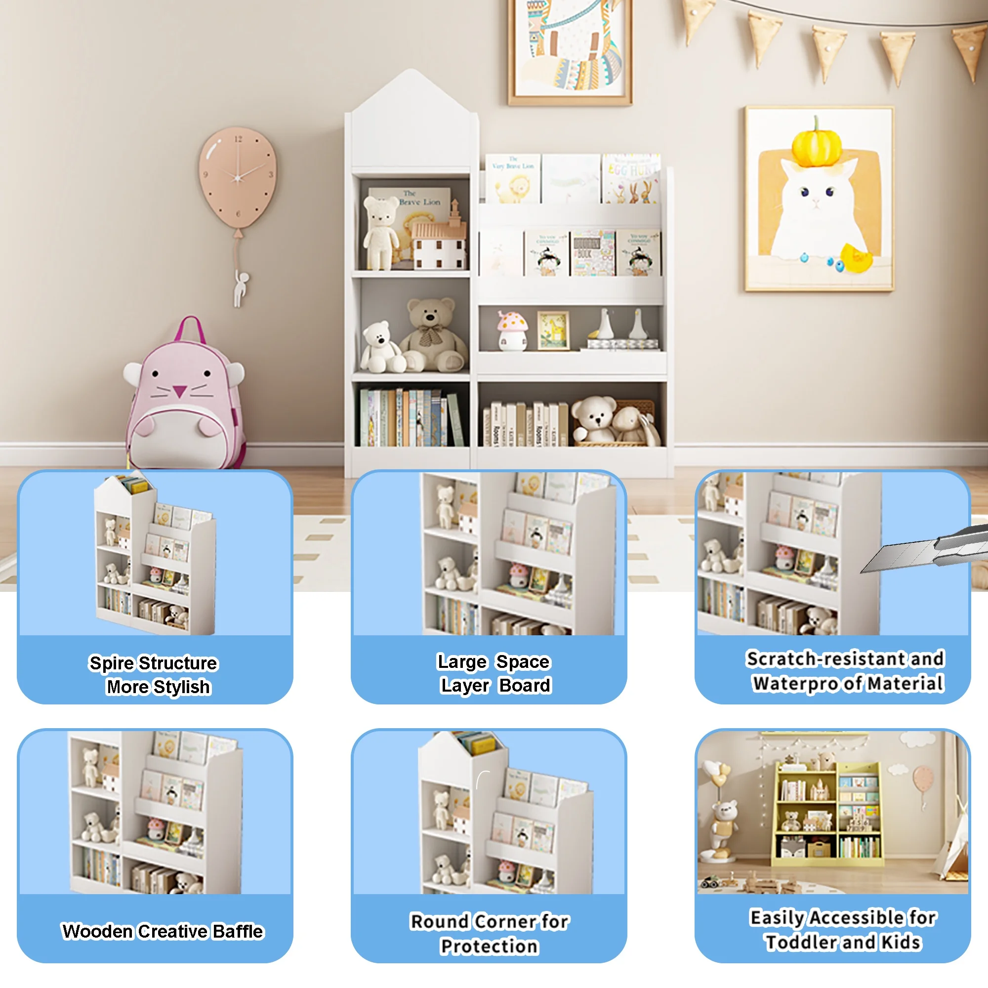 PORKISS Bookshelf for Kids, Wood Kids Bookcase with Toy Storage Organizer, Freestanding Book Shelf with 6 Compartments and 2 Baskets Bins for Kids Bedroom, Nursery, Playroom, Natural - Image 31