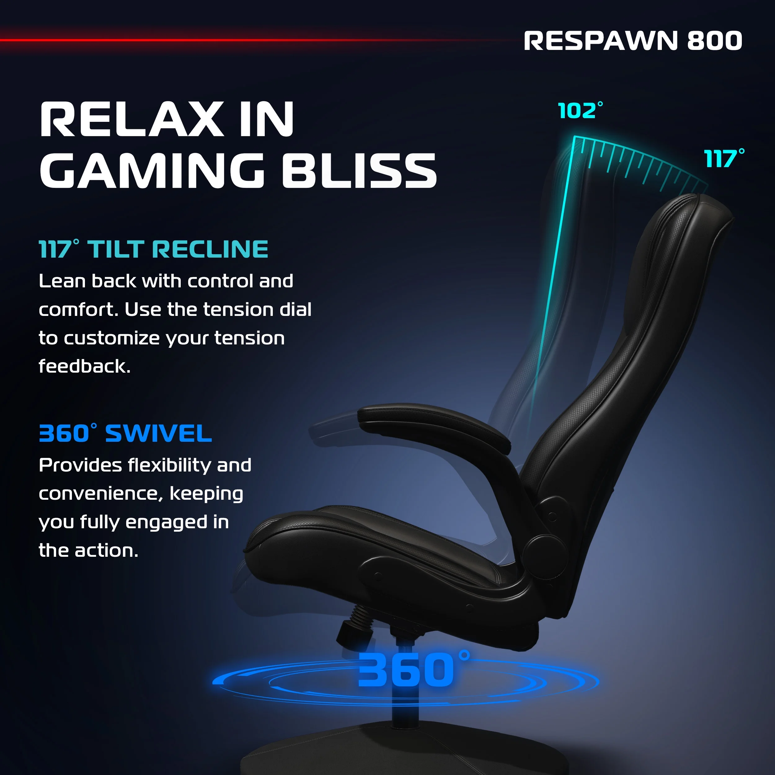 RESPAWN 800 Swivel Rocker Gaming Chair - Ergonomic Floor Gaming Seat with Lumbar Support, Flip Up Armrest, High Back, Pedestal Base, Comfortable No Wheels Console Video Game Rocker Chair - Red - Image 51