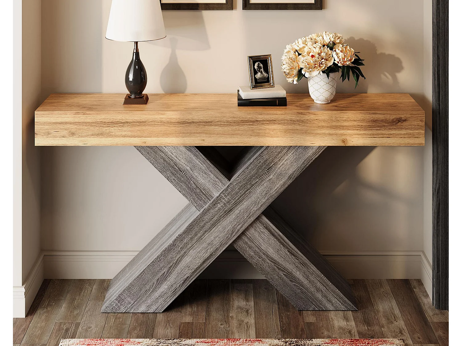 Table d'appoint à pieds en X  - 40x30x80 cm - Aspect bois veiné - Plateau massif - Panneaux de particules - Naturel