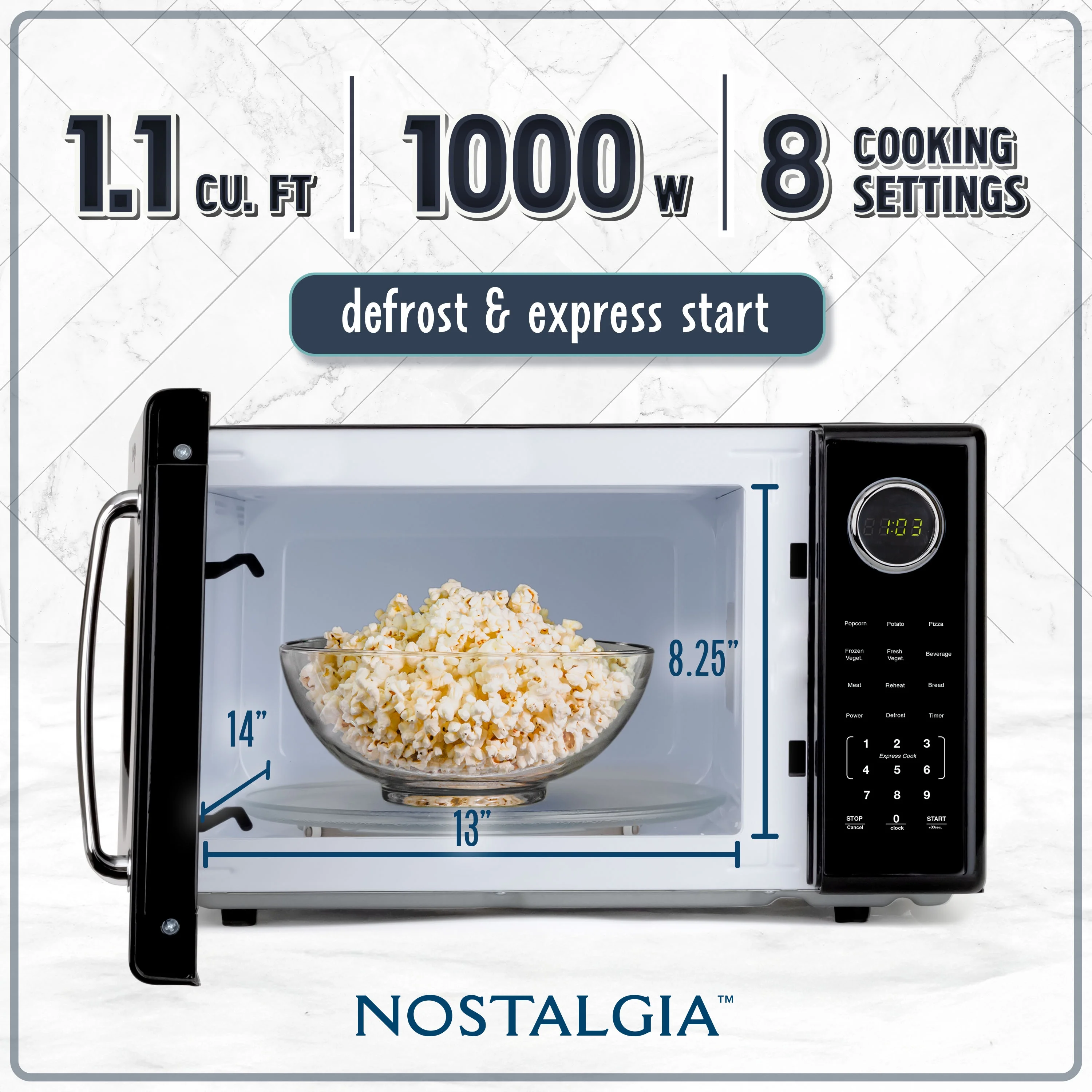 Nostalgia Retro Microwave Oven - 1.1 Cu Ft & 1000-Watt Countertop Size with Glass Turntable, Child Safety Lock, 8 Auto-Cook Programs & Digital Clock - Black