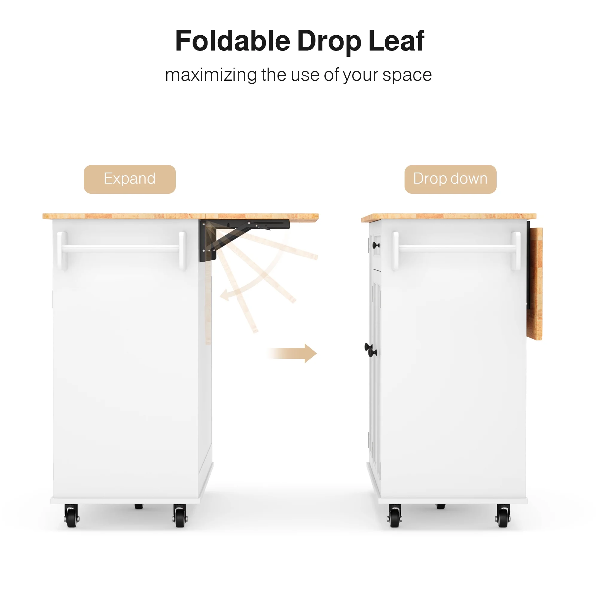 Noelse Kitchen Island with Storage, Island Table for Kitchen with Drop Leaf, Spice Rack, Towel Bar for Small Kitchens, White - Image 10