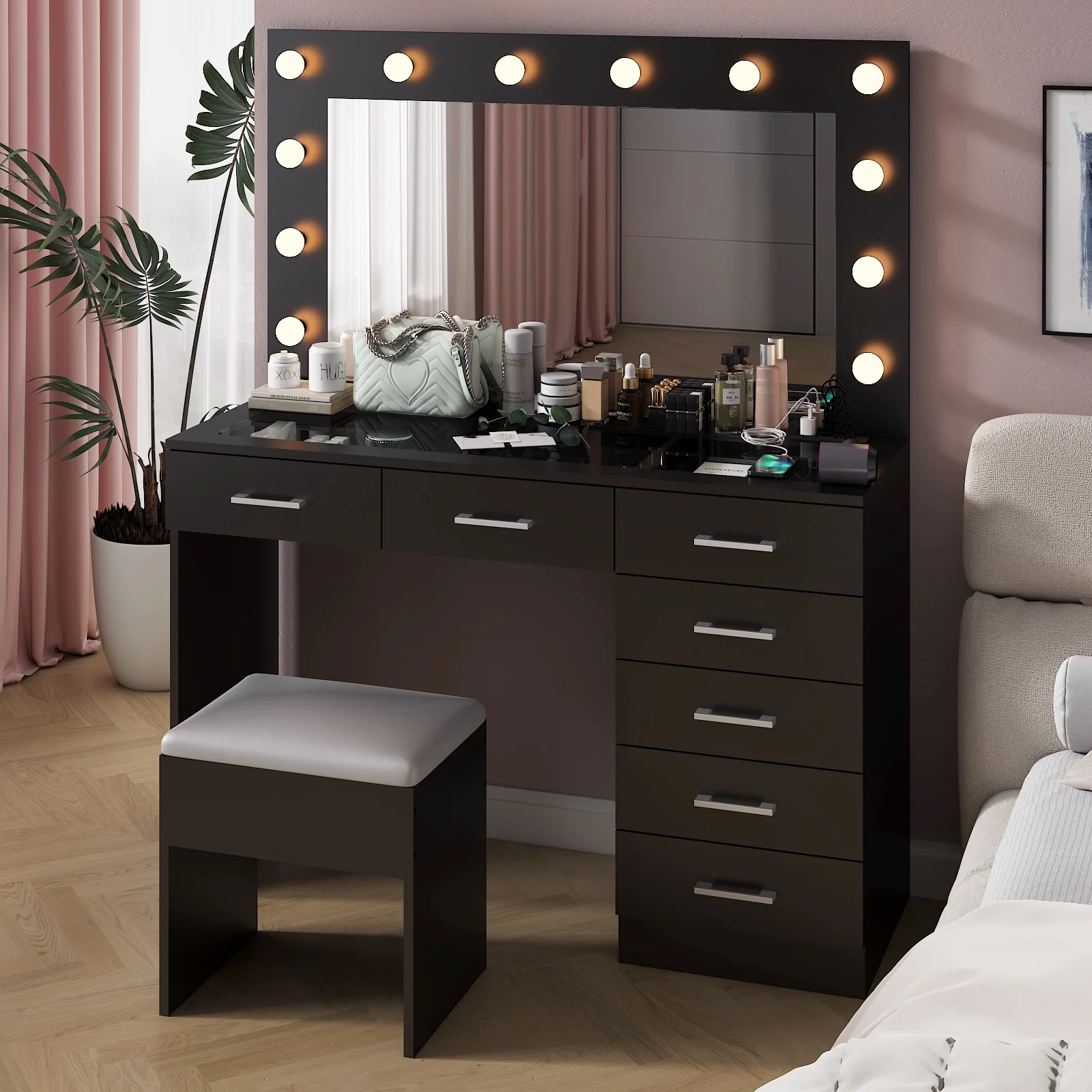 Ktaxon Large Makeup Vanity, Vanity Table Set w/ Visible Glass Top w/ Charging Station, White - Image 105