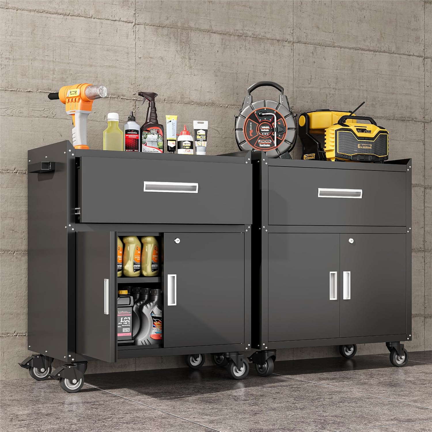COFaR Rolling Tool Cabinet, 1-Drawer & 2-Door Metal Storage Cabinet with Adjustable Shelf, Lockable Wheels & Locking Doors, 35