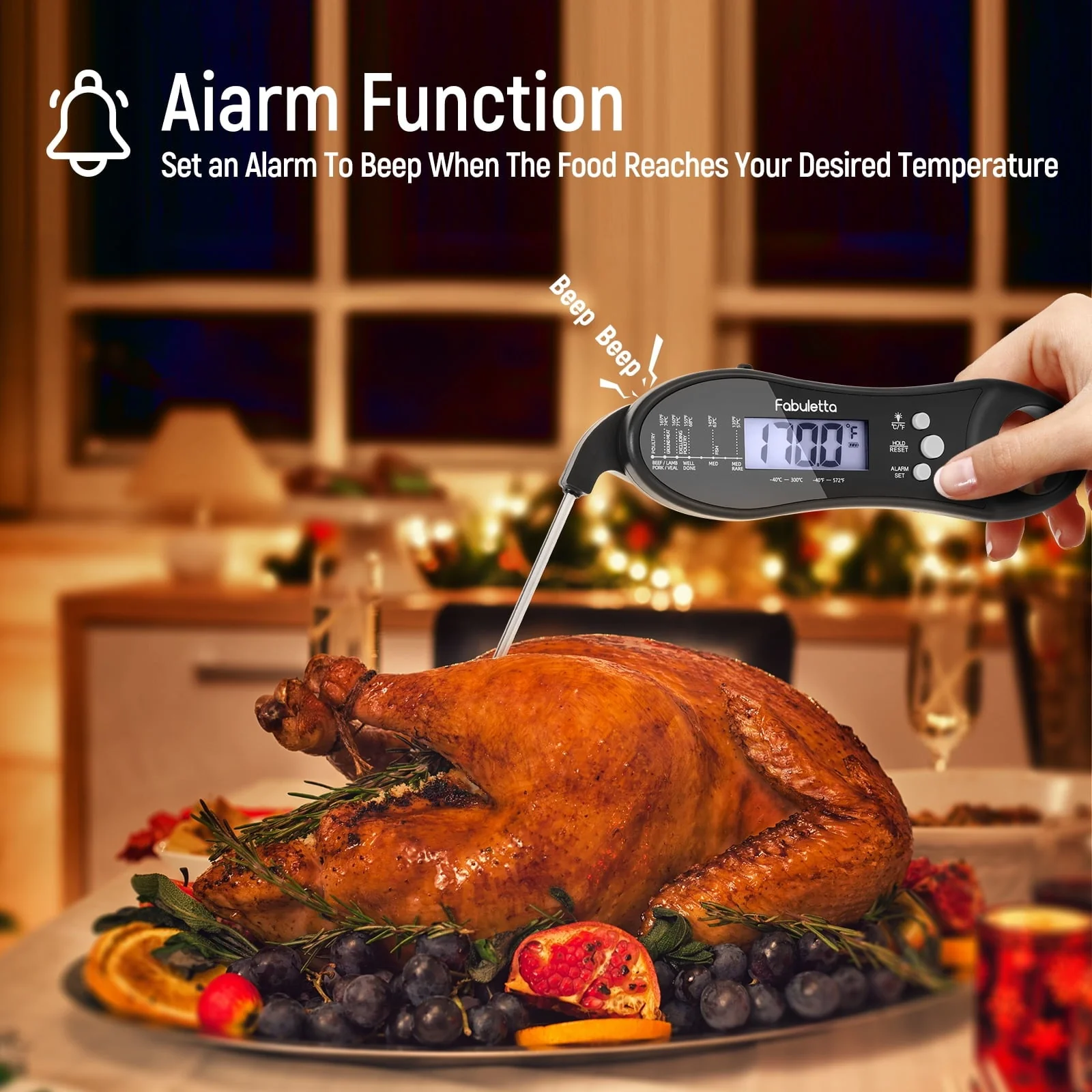 Fabuletta Rechargeable Digital Meat Thermometer - Dual Probe Instant Read Thermometer with Alarm Waterproof Kitchen Food Thermometer for Cooking, Grill, BBQ, Smoker, Candy, Liquids and Oil Frying