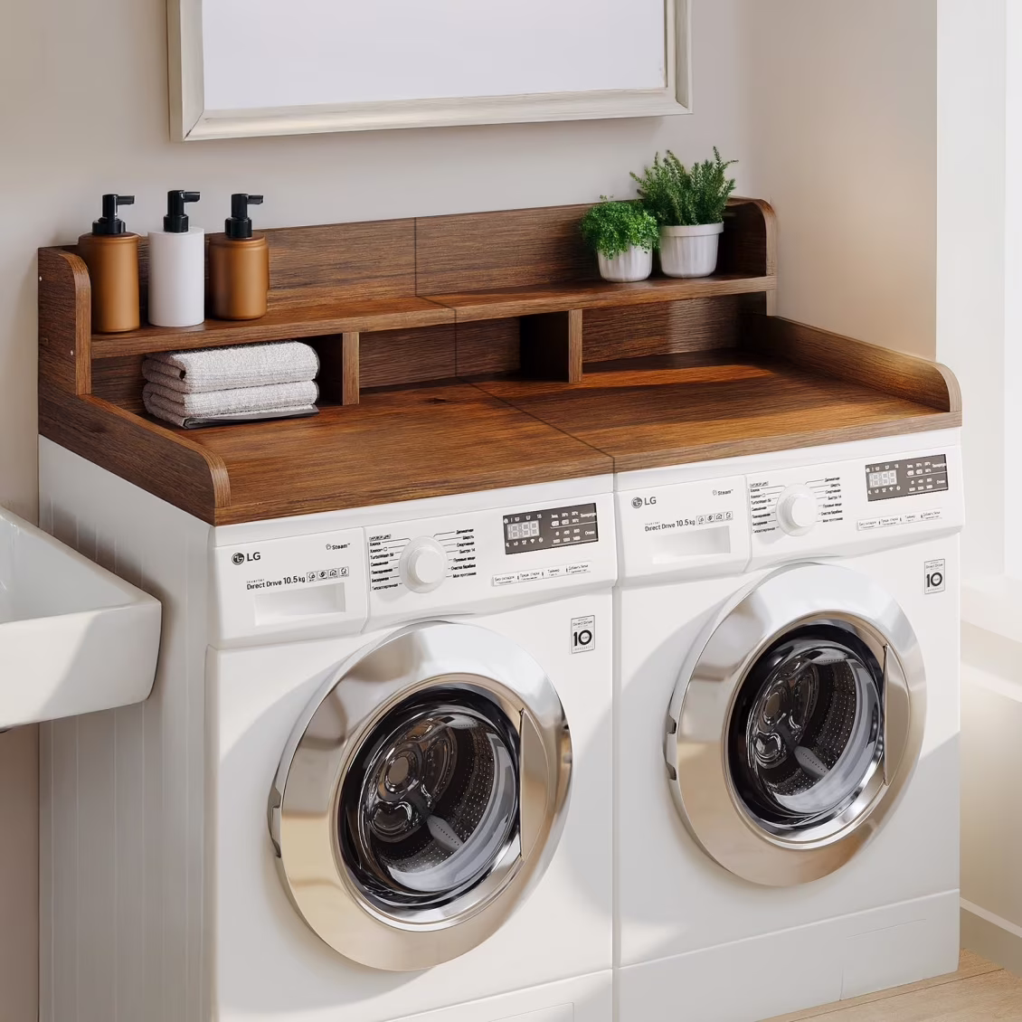 Modern Washer Dryer Countertop with 2-Tier Shelf,Laundry Room Countertop Organization Storage with 2.75" H Guard Edge Rails,Non-Slip Pad,Waterproof and Easy to Clean,54"W x 27.55"D,Natural Wood - Image 11