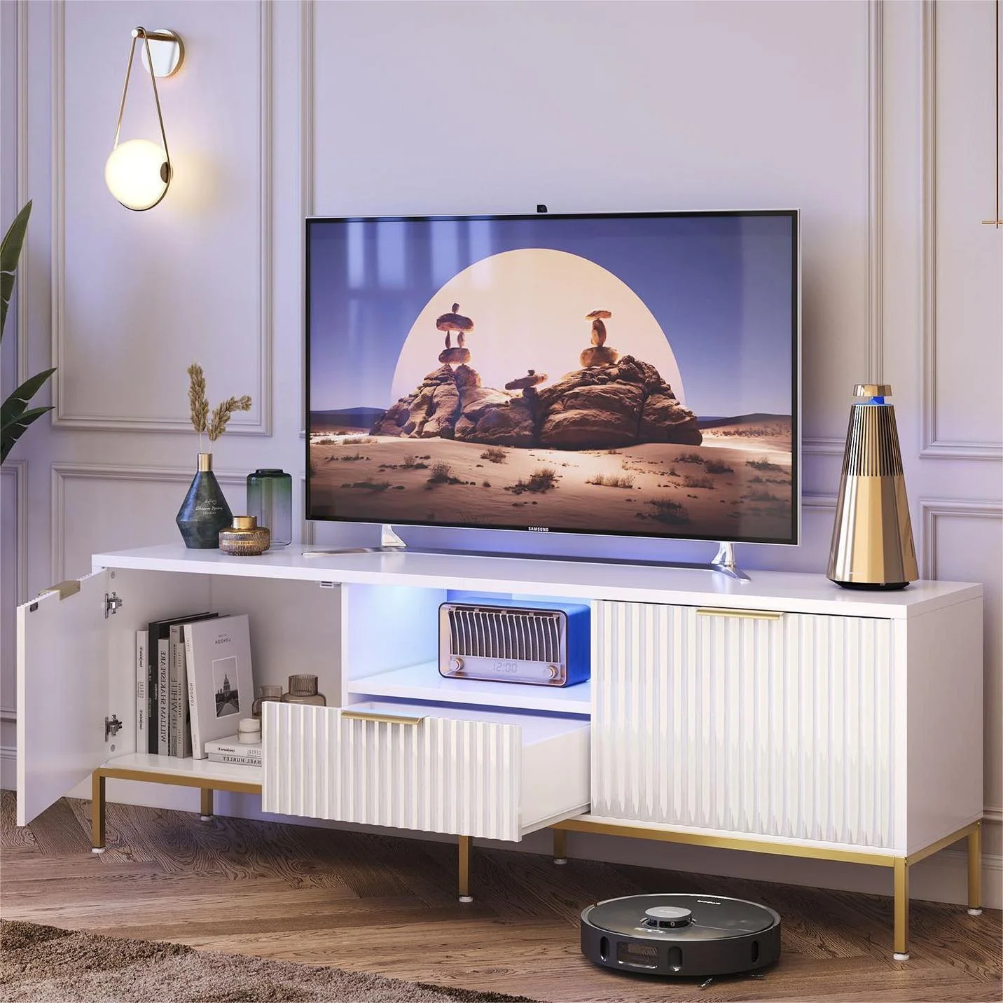 Bestier 55" LED TV Stand for TVs up to 60" Modern High Gloss Entertainment Center with Drawers Cabinets Fluted TV Console, White & Gold - Image 4