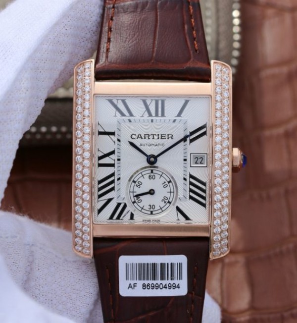 Replica Cartier Tank MC RG White Textured Dial Diamonds Bezel Leather Strap - Top club