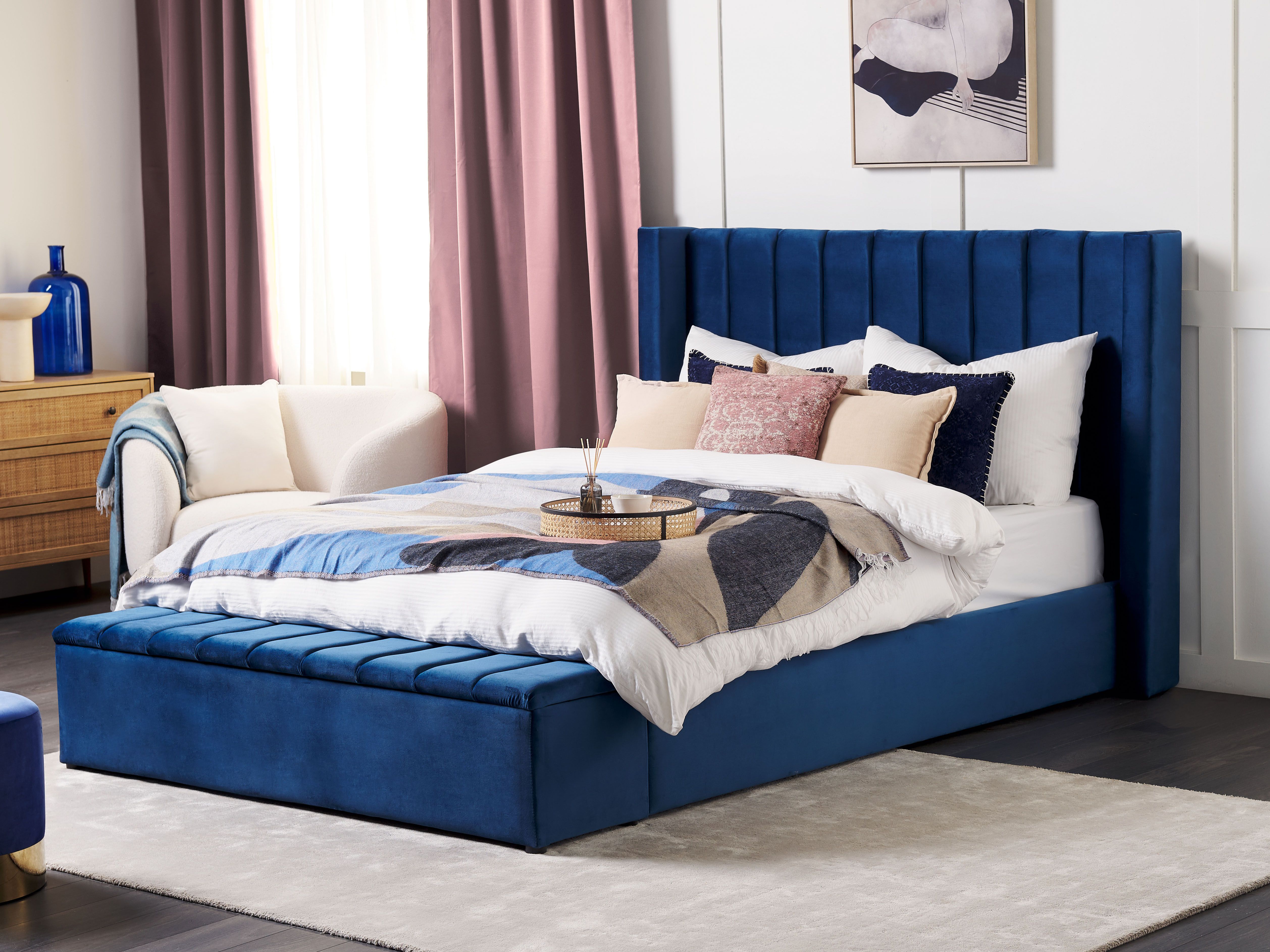Waterbed with Storage Bench Velvet NOYERS 160 x 200 cm (EU King Size) Blue