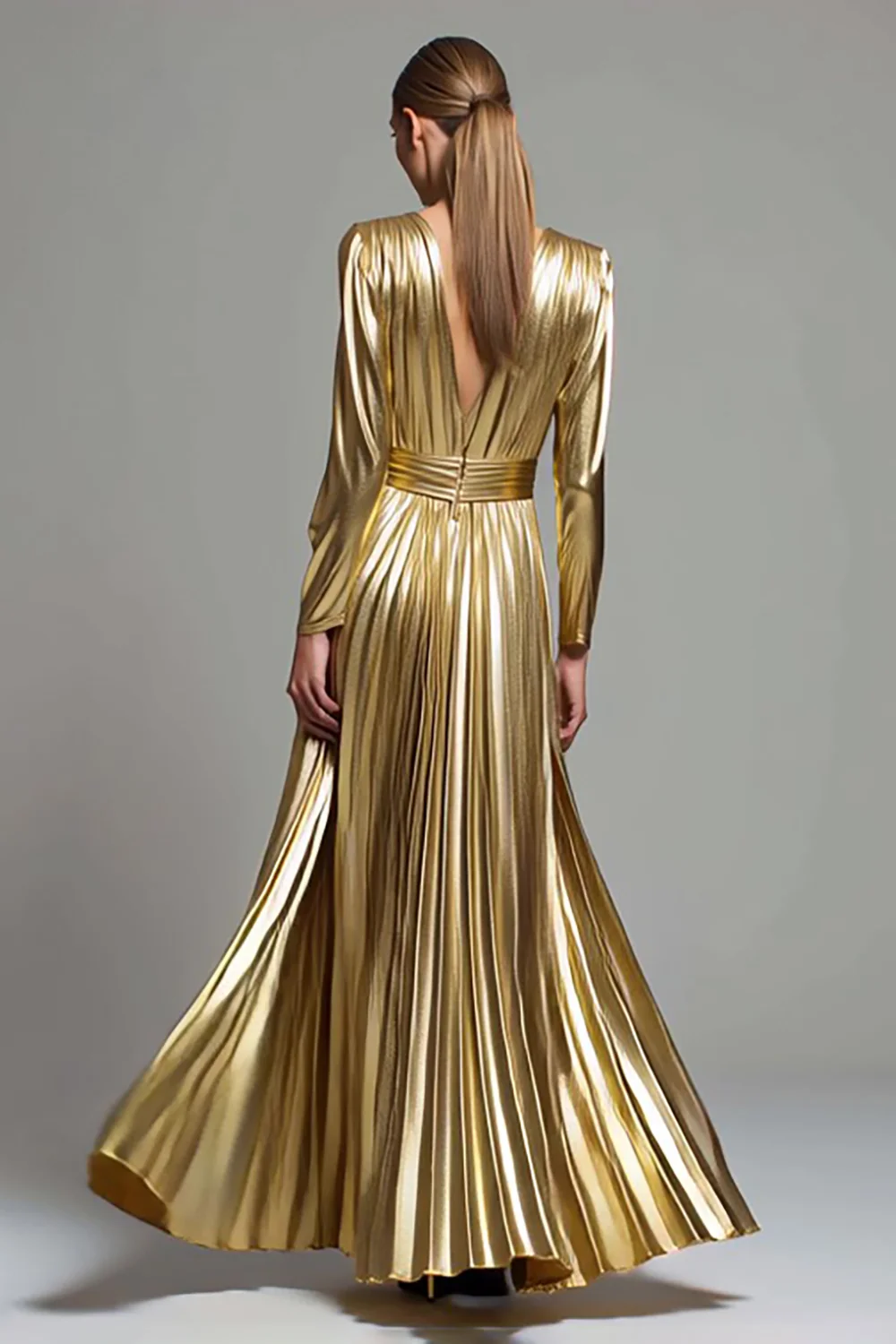 Sparkly Gold Metallic A-Line Pleated V-Neck Long Sleeves Long Formal Dress