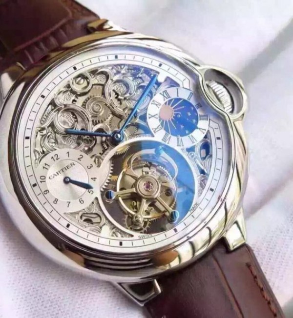 Replica Cartier Ballon Bleu Skeleton Tourbillon White Dial Brown Leather Strap - Elite Watch Atelier