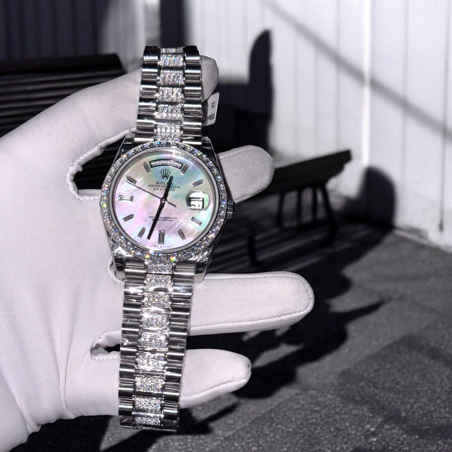 Rolex Day-Date Replica Watch Dial Mother Of Pearl Moissanite Diamonds Hong Kong 40mm - Elite Watch Atelier