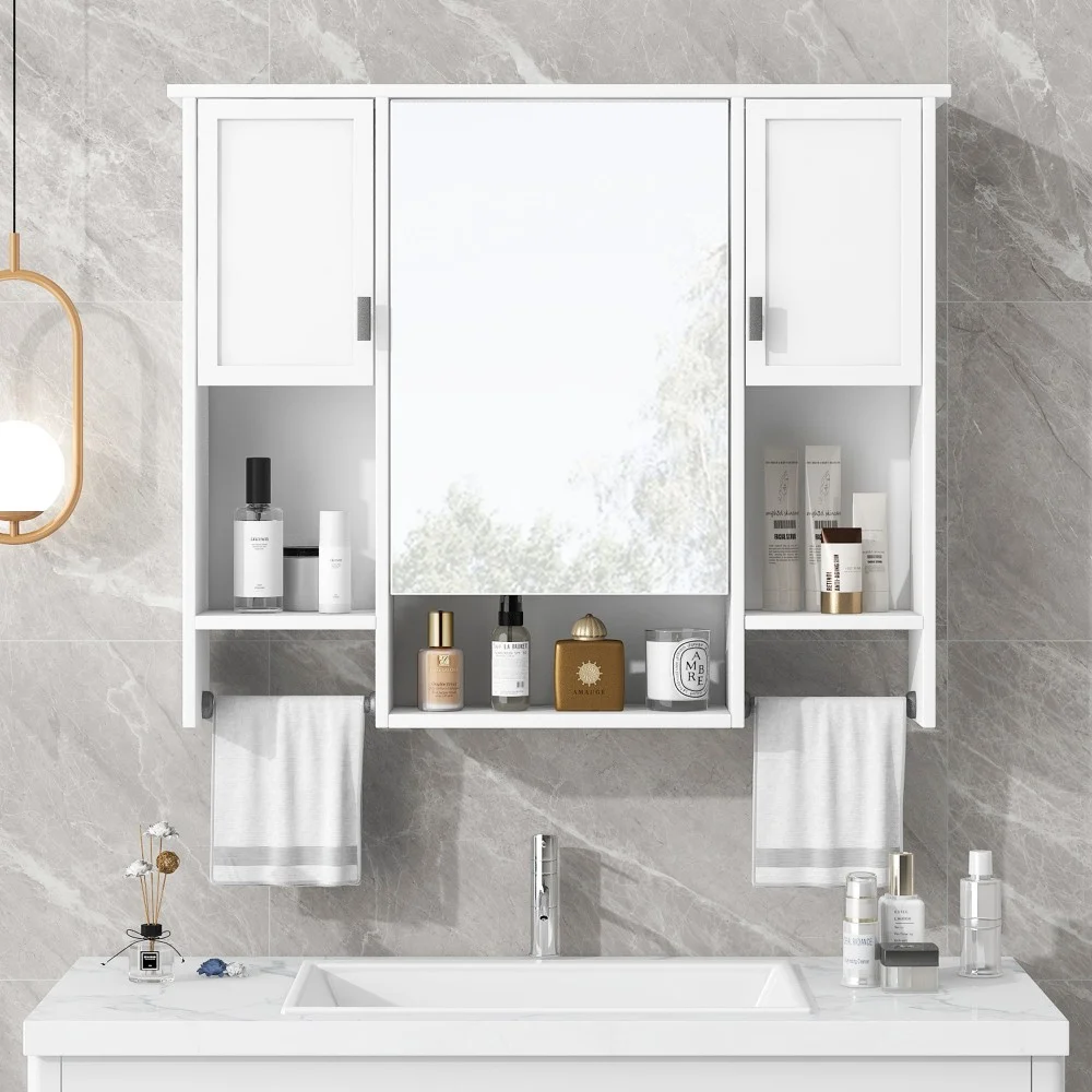 IVV Wall Mounted Bathroom Cabinet with Mirror, Modern Over The Toilet Storage Cabinet, White Medicine Cabinet Organizer with 3 Doors, 2 Towel Bars, Open Storage & Adjustable Shelves