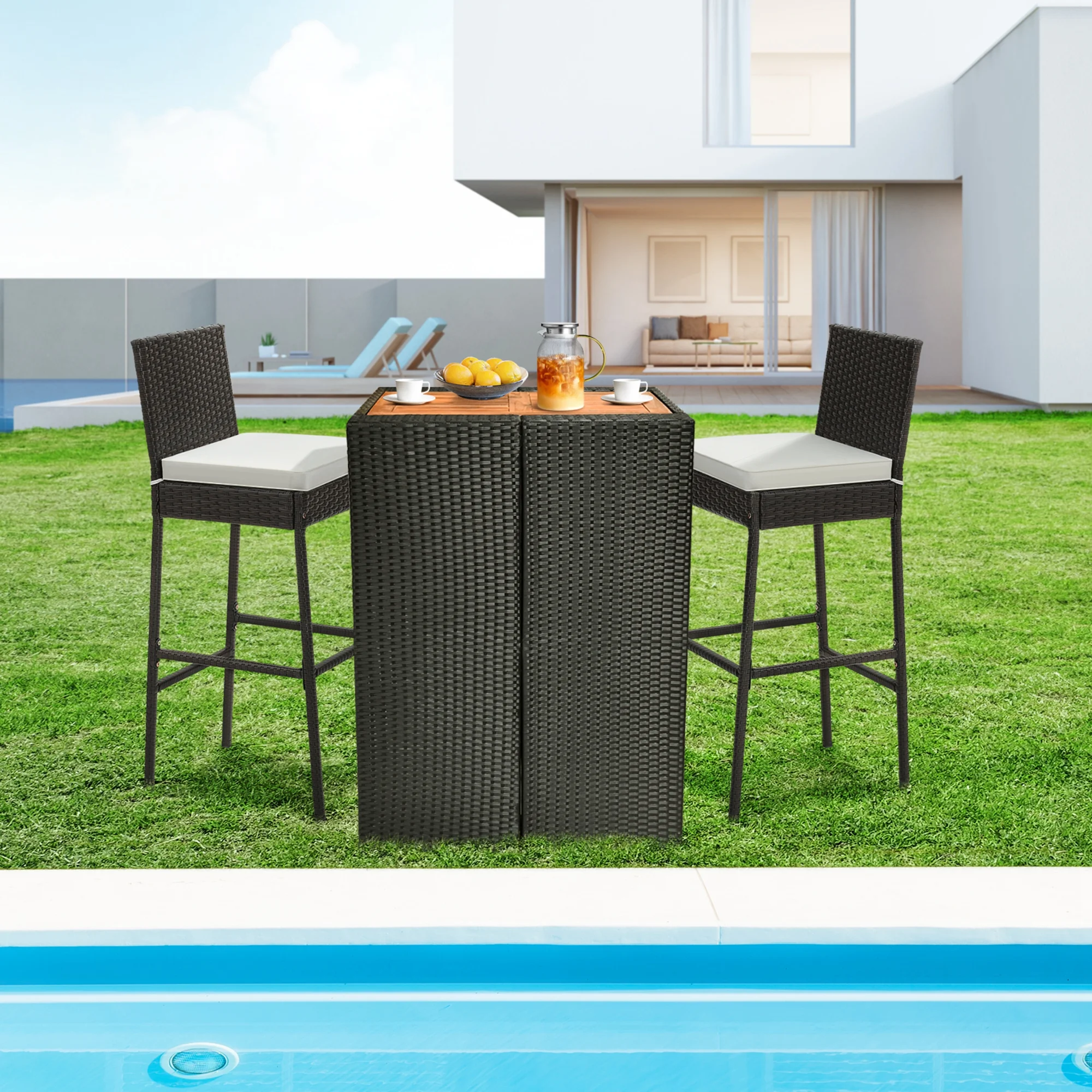 Costway 4 PCS Patio Wicker Barstools Bar Height Chairs with Cushions Backyard Off White