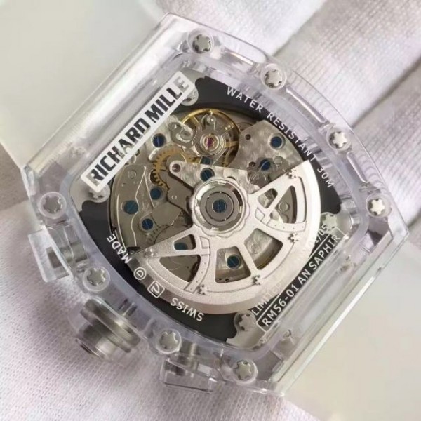 Replica Richard Mille RM011 Transparent Case RG/Black Bezel Skeleton Dial White Rubber Strap A7750 - Top club