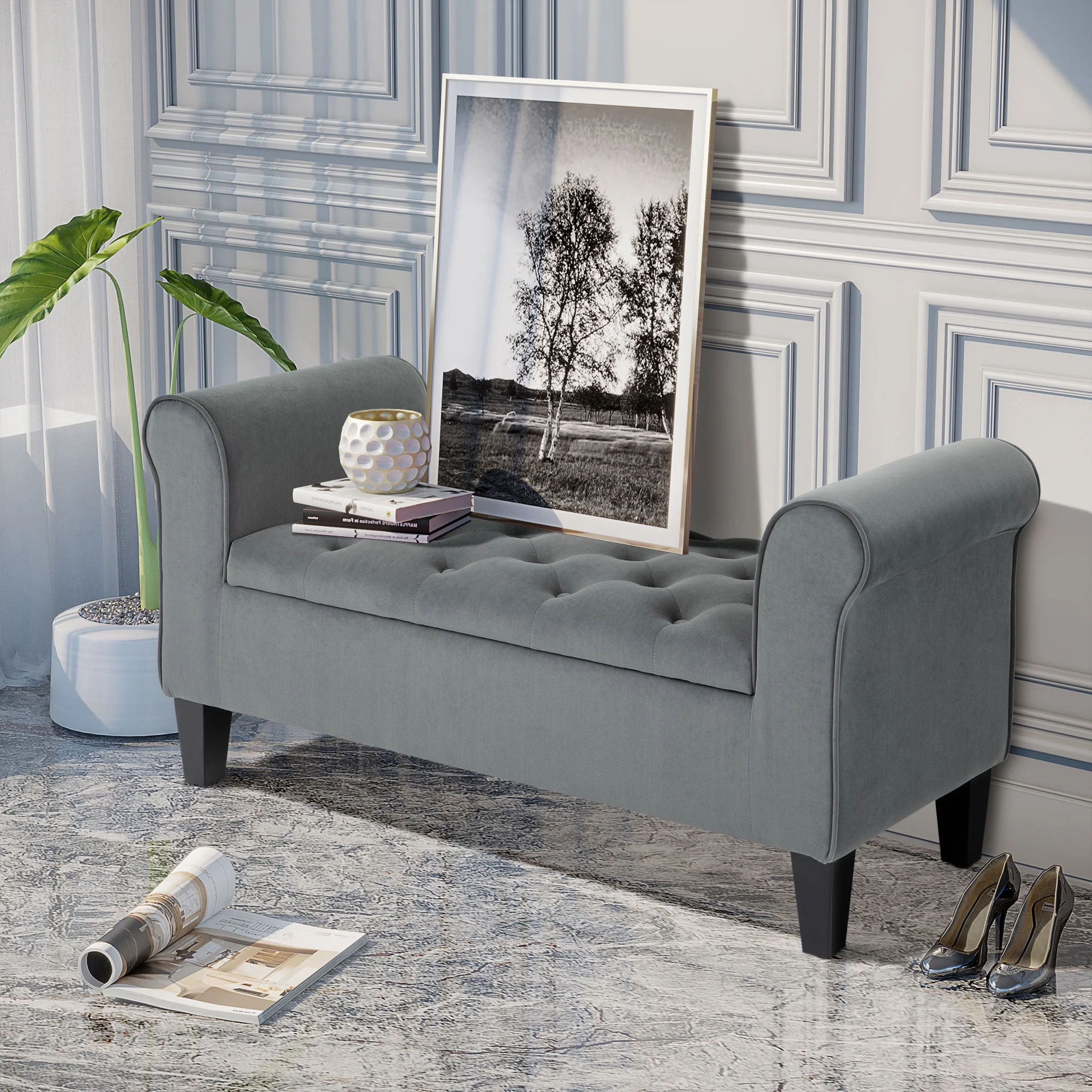 HOMCOM Button-Tufted Storage Ottoman Bench, Upholstered Bench with Rolled Armrests for Living Room or Hallway, Blue - Image 19