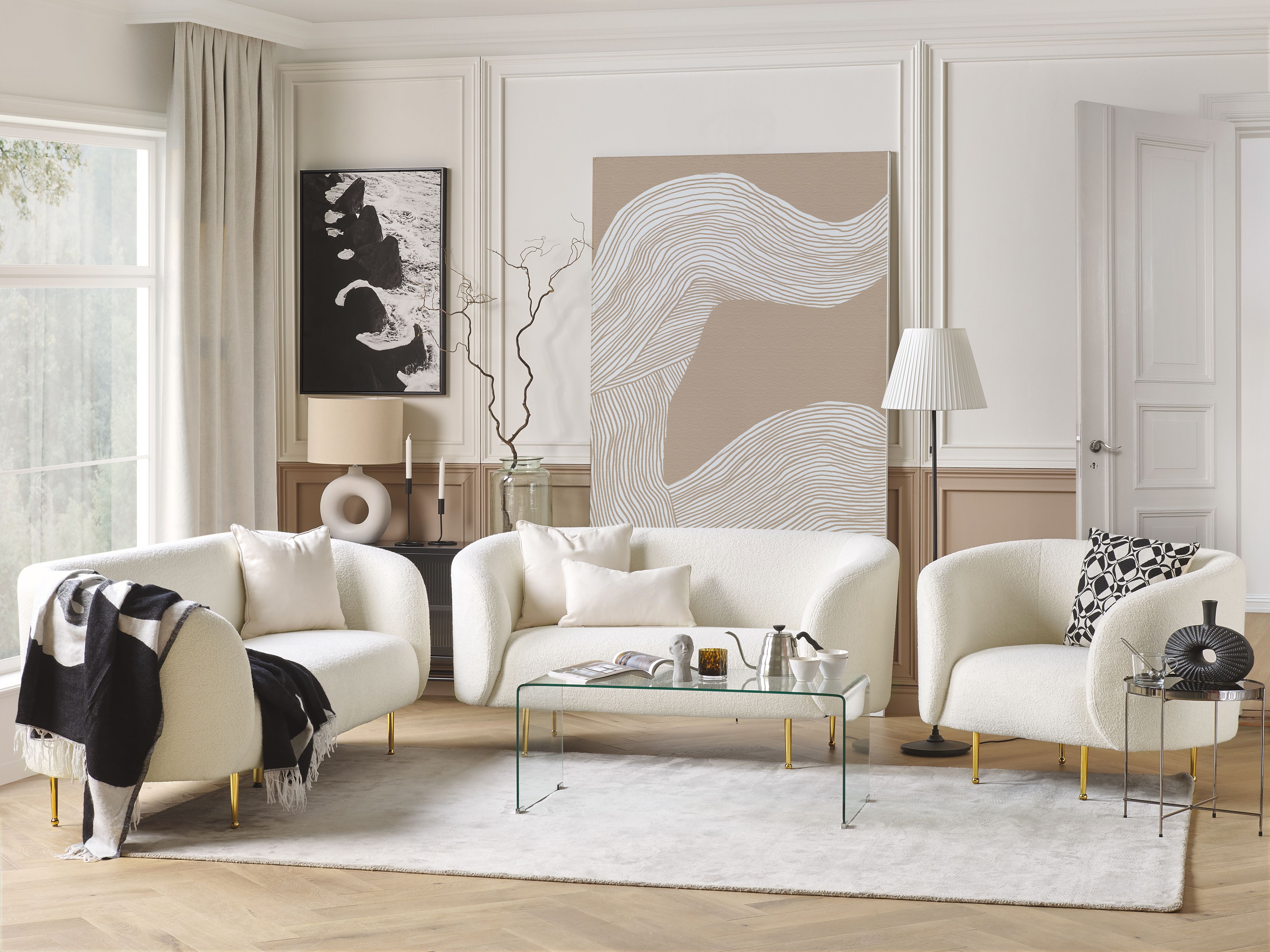 Living Room Set 6 Seater LOEN Boucle White