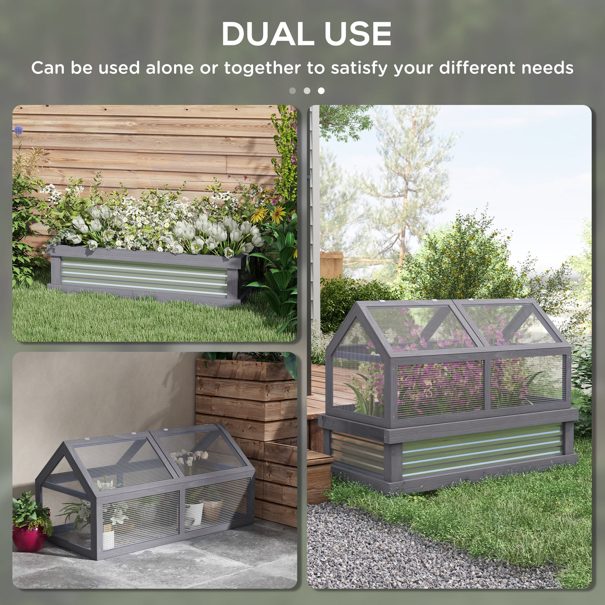 Outsunny Raised Garden Bed with Polycarbonate Greenhouse, Wooden Garden Cold Frame Greenhouse, Flower Planter Protection, 48" x 24" x 32", Natural - Image 13