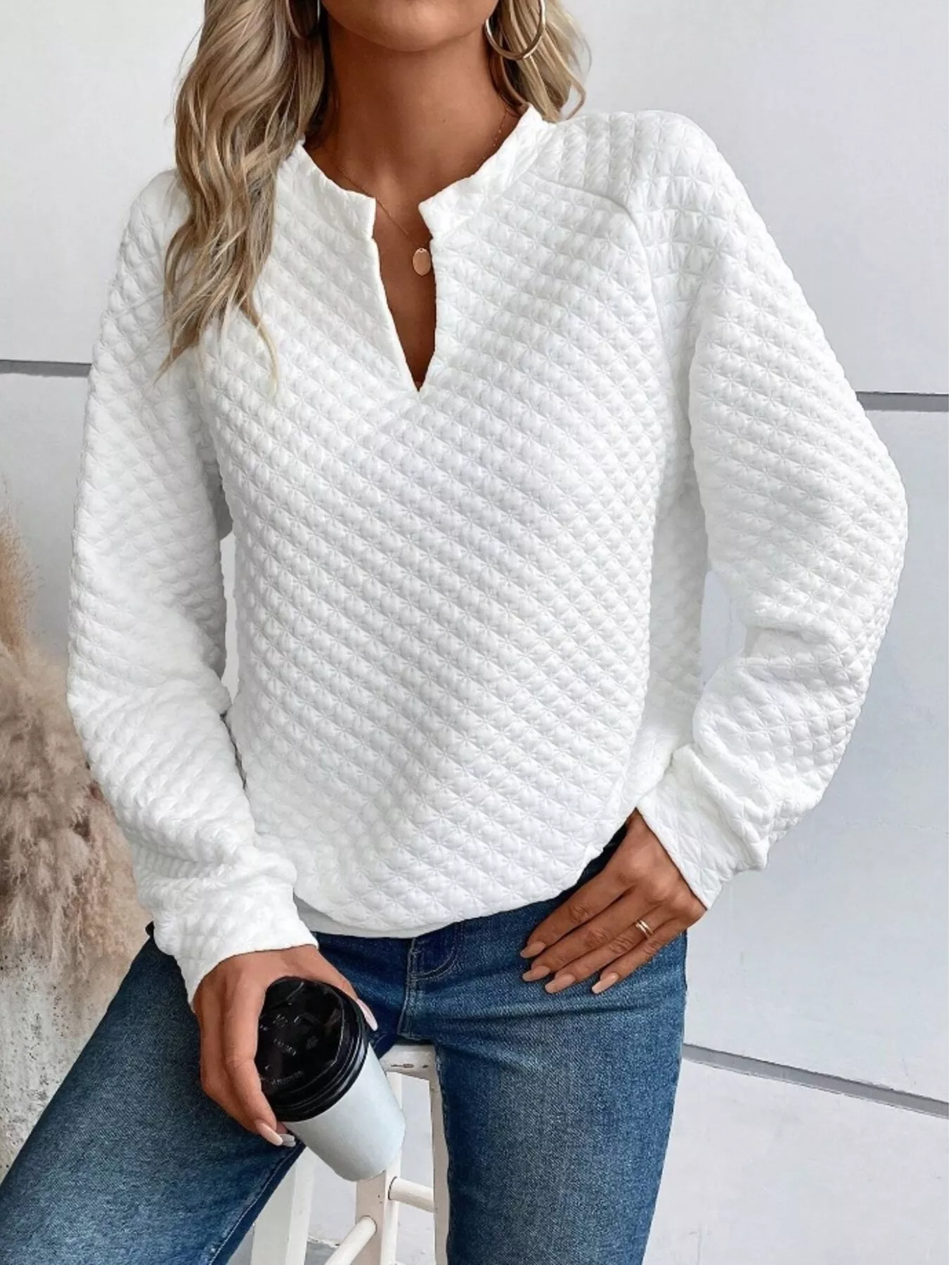 Textured Notched Raglan Sleeve Sweatshirt - ZKZOOK