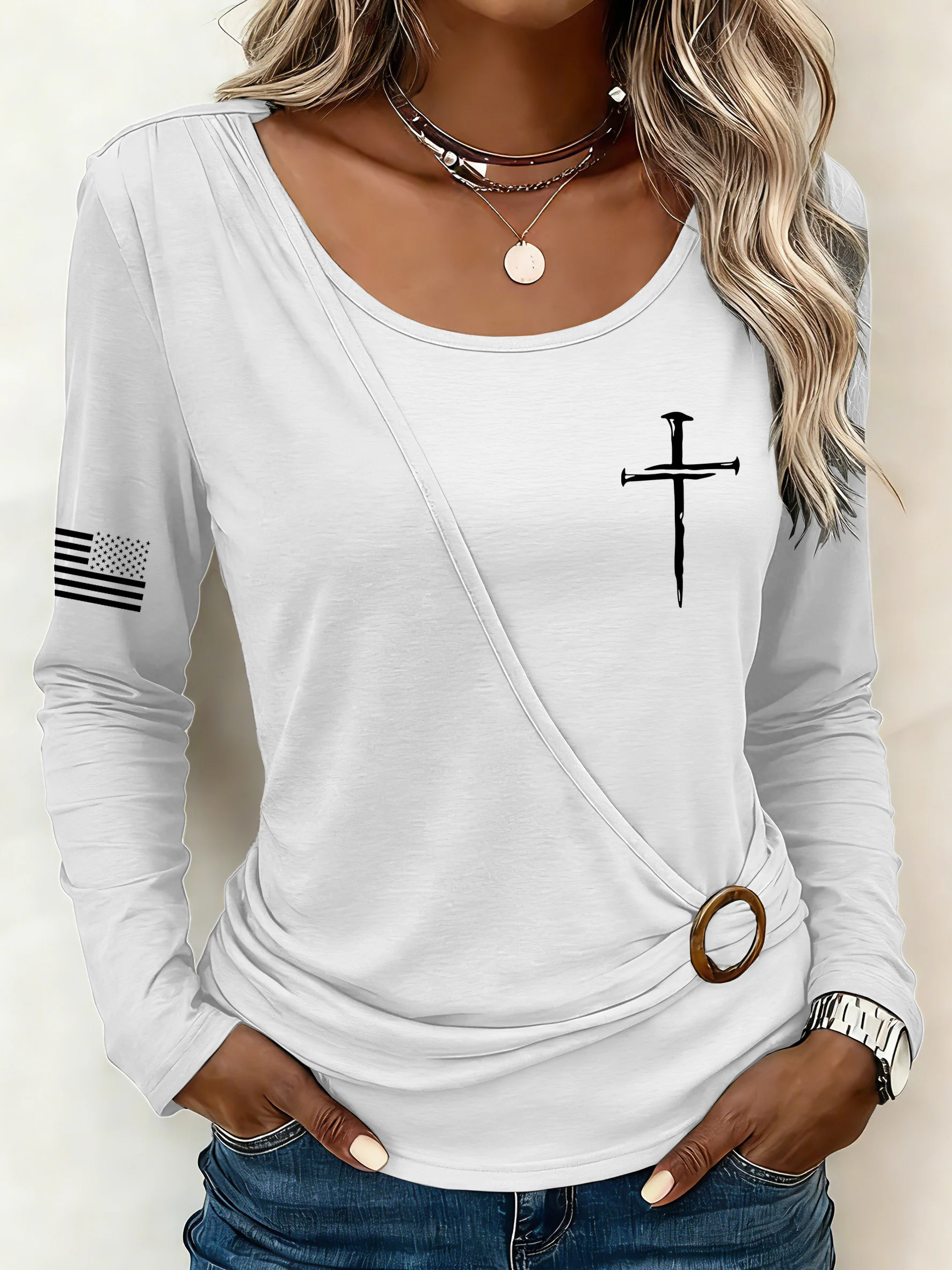 Women's Vintage Faith Cross Printed Round-Neck T-Shirt
