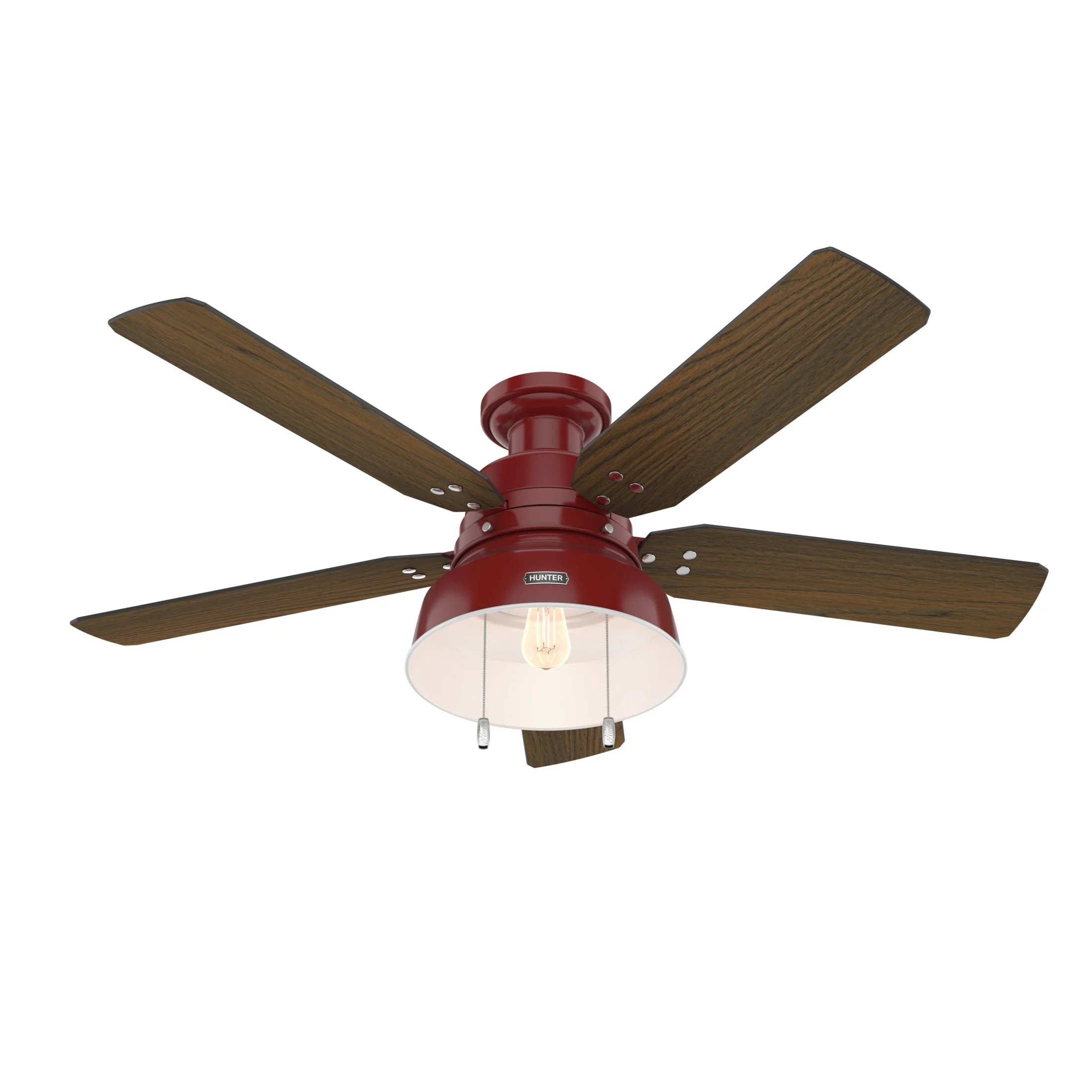 Hunter - Mill Valley Indoor/Outdoor Low Profile Ceiling Fan With Light, 52-inch, Barn Red, Rustic-style, 3-speed WhisperWind Motor, 59312, for Porches, Bathrooms