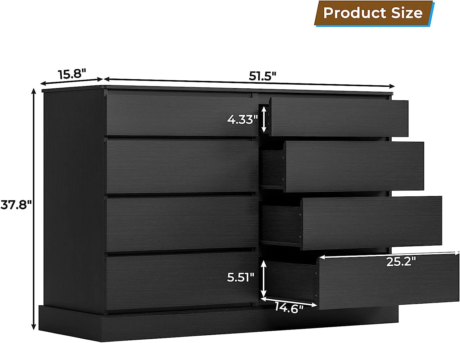 8 Drawers Double Dresser Wooden Black Chest of Drawers for Bedroom, Large Storage Cabinet for Home Living Room - Image 6