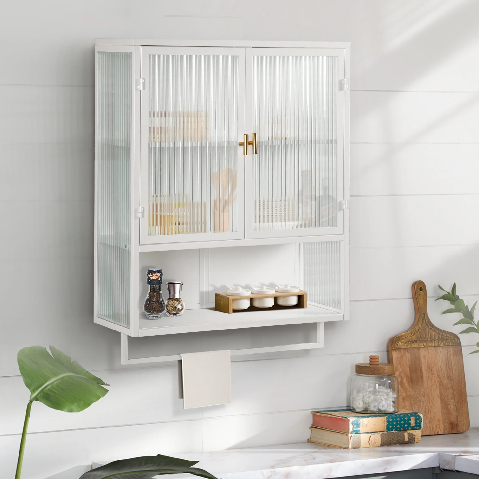 Bathroom Wall Cabinet, Over The Toilet Storage Cabinet with Open Shelf & Towel Rack, Bathroom Cabinet Wall Mount in Metal, Medicine Cabinets for Bathroom, Living Room, Laundry Room, White