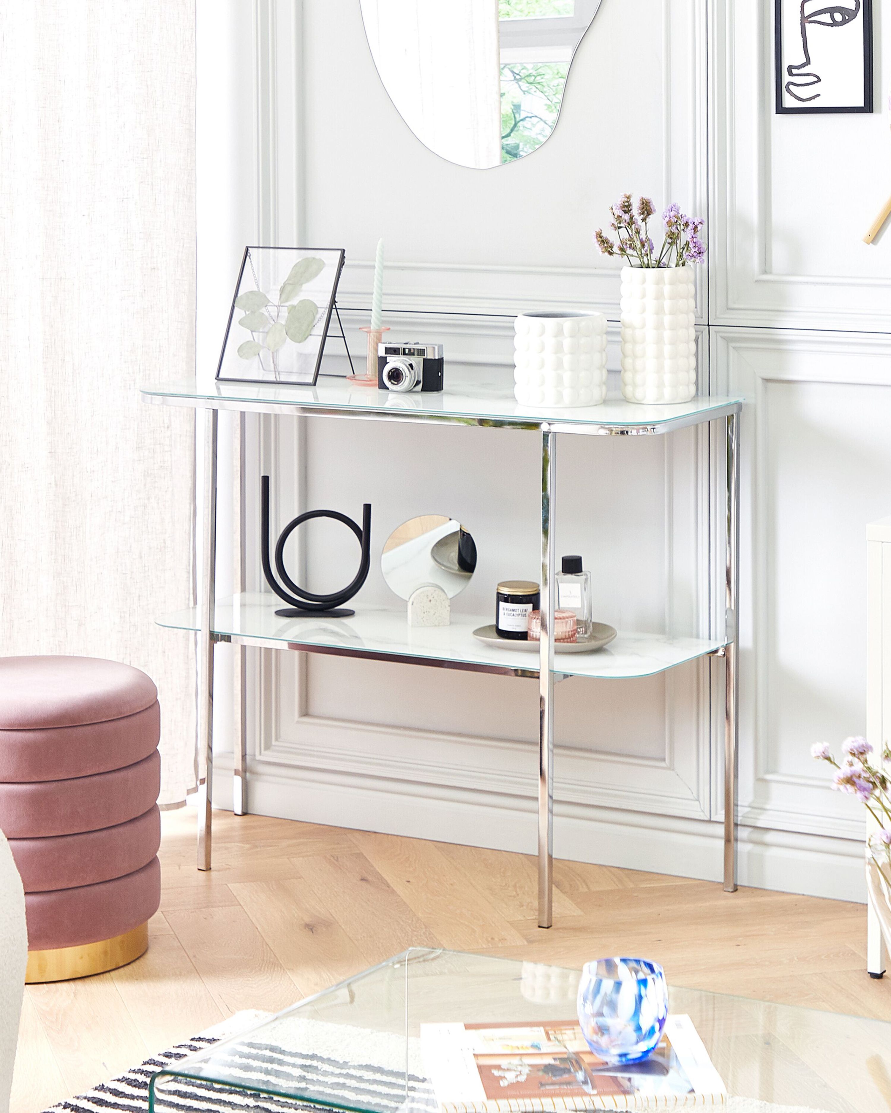 Console Table CALVERT Tempered Glass Marble/ Silver