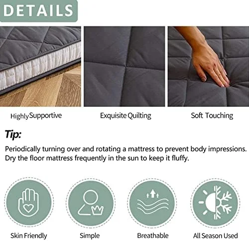 Japanese Floor Futon Mattress King Size, Floor Bed for Adults, Roll Up Folding Mattress, Diamond Patterned Japanese Futon Bed, Dark Grey - Image 21