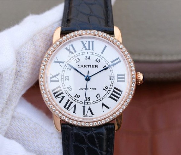 Replica Cartier Ronde De Cartier RG White Dial Diamonds Bezel Croco Strap A2892 - Top club