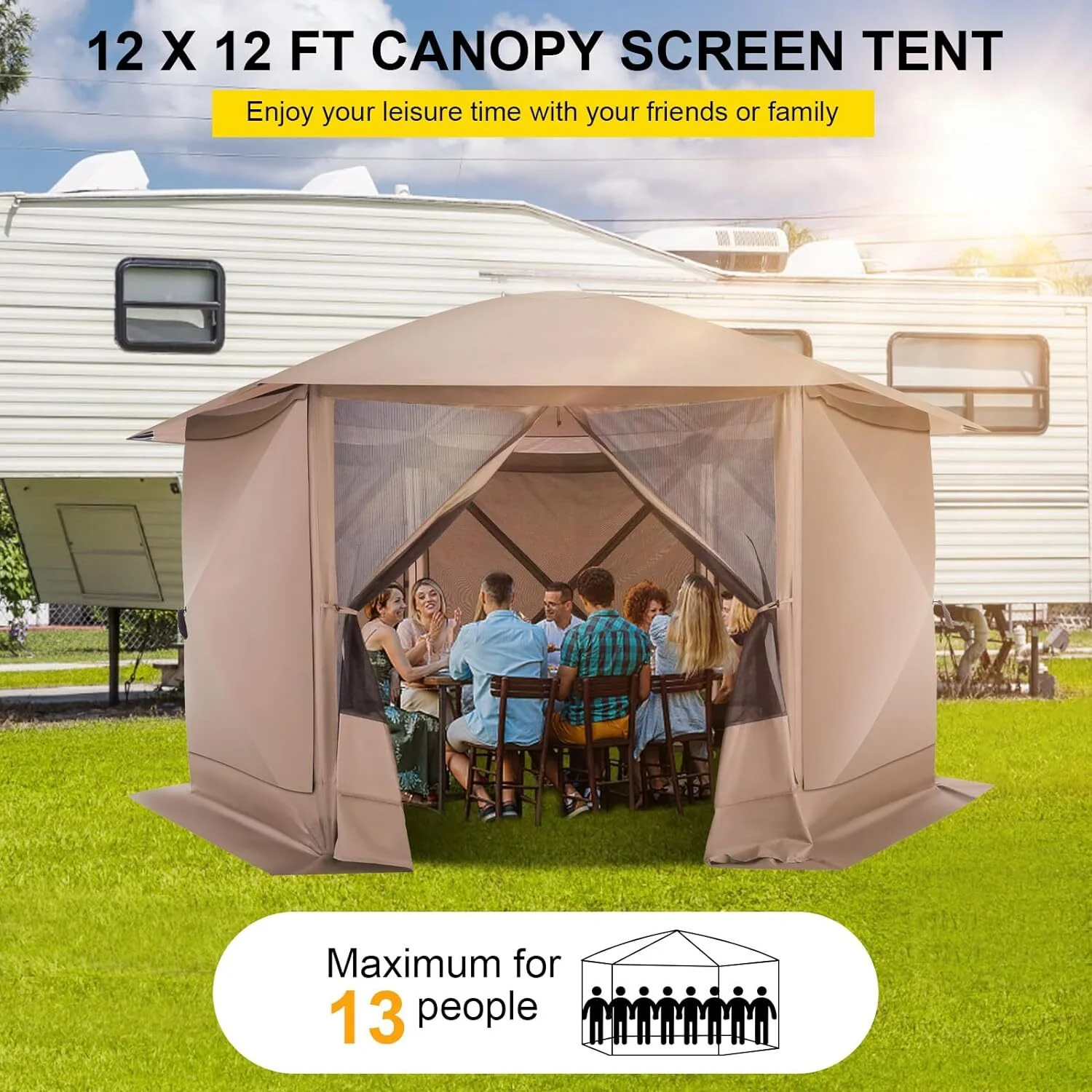 COBIZI 12'x12' Pop-up Gazebo Outdoor Camping Tent with 6 Sides Mosquito Netting, Waterproof, UV Resistant, Portable Screen House Room, Easy Set-up Party Tent with Carry bag, Ground Spike, Brown - Image 20