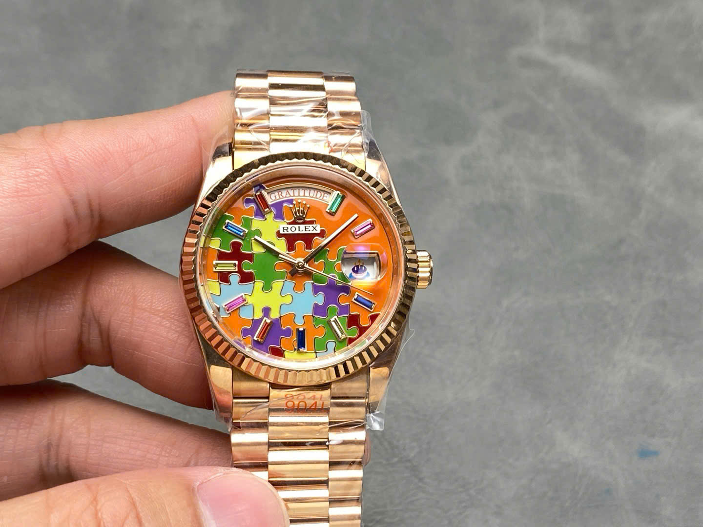Rolex Day-Date 128235 Puzzle Emoji Jigsaw Motif Dial Best Replica Watches 36mm - Elite Watch Atelier