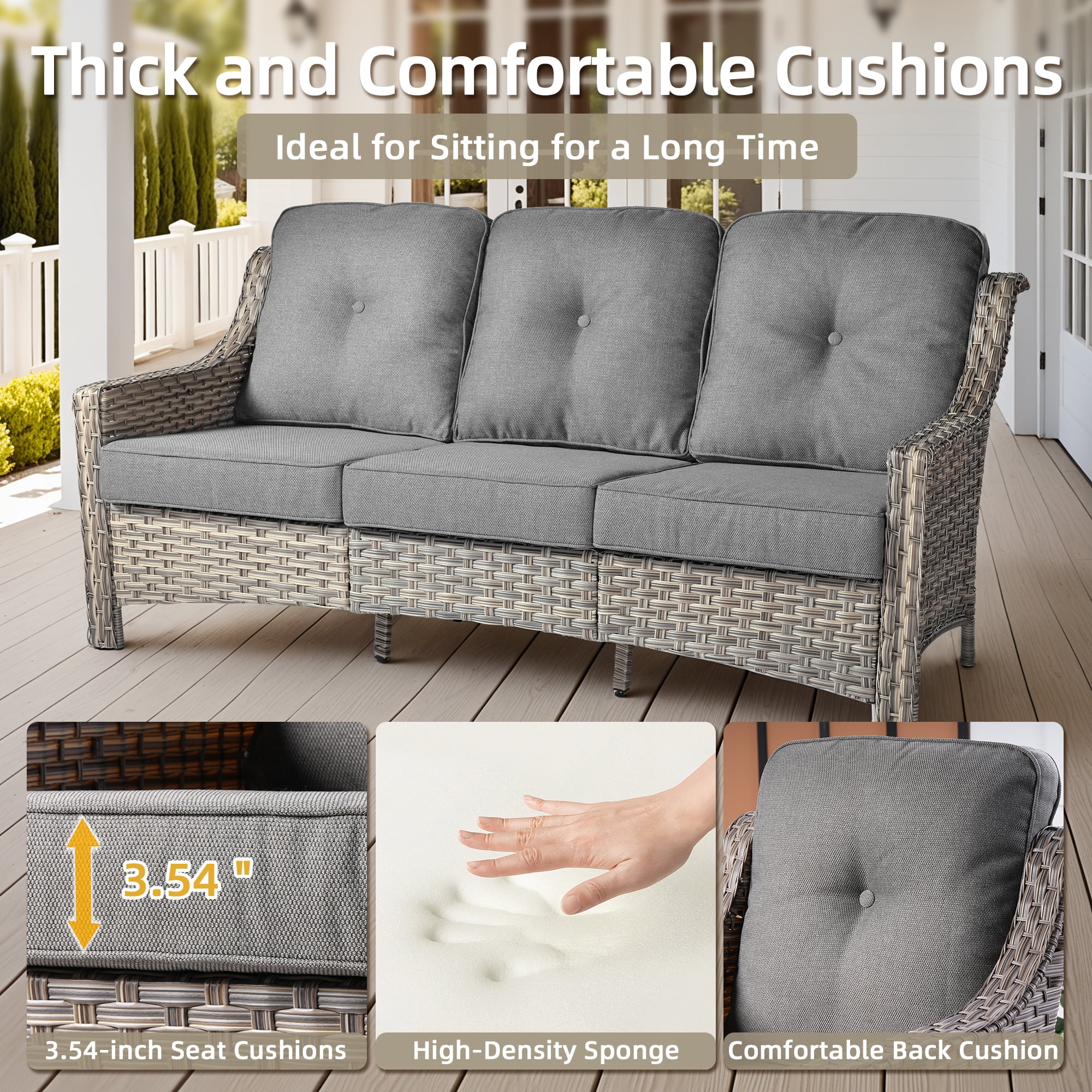 Ovios Outdoor Patio Sofa 3-Seater with Cushions All-Weather Wicker Rattan Couch for Garden, Porch, or Backyard - Image 6
