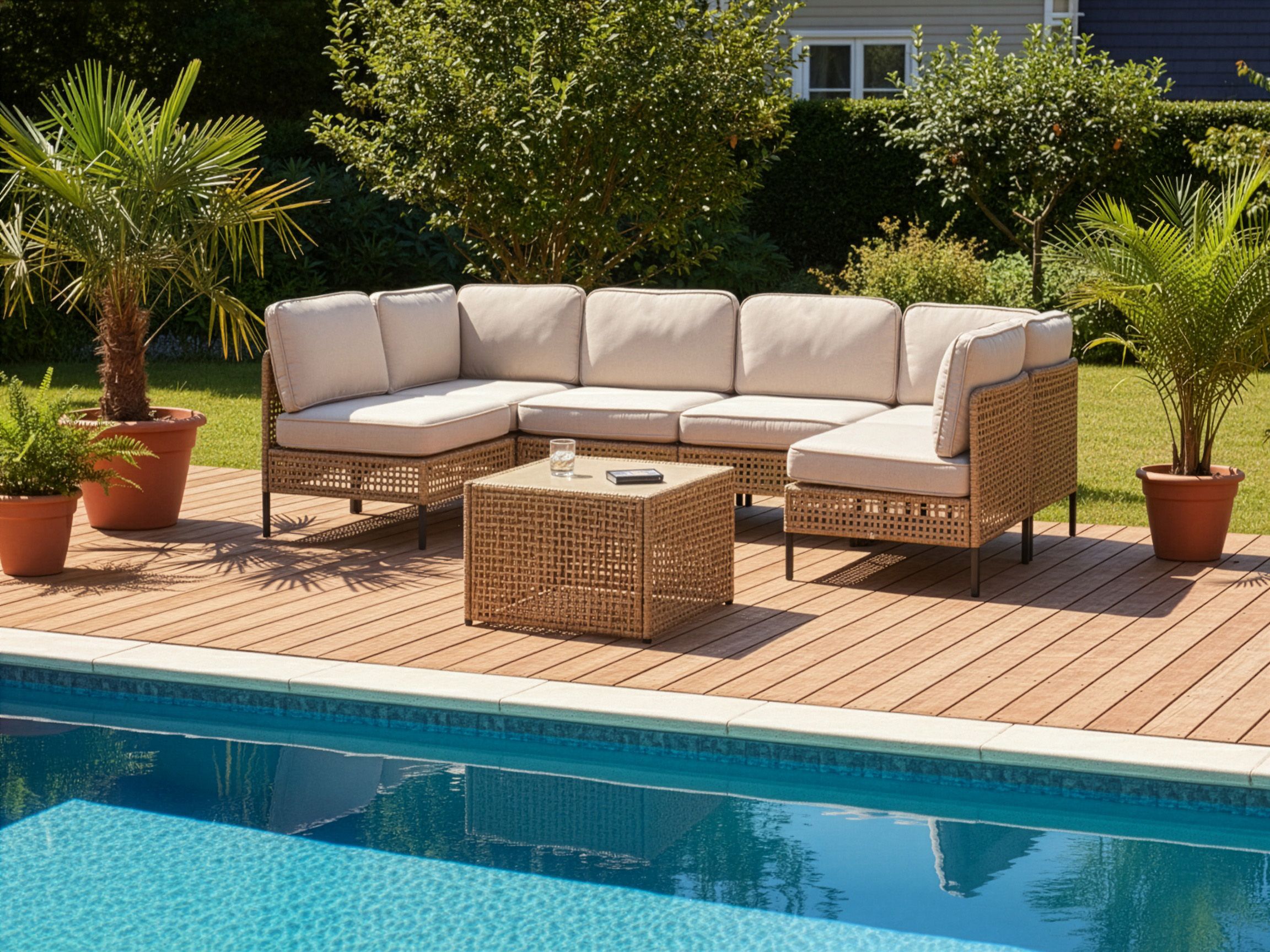 U-Shape Garden Sofa 6 Seater OMEGANA Modular PE Rattan Light Beige
