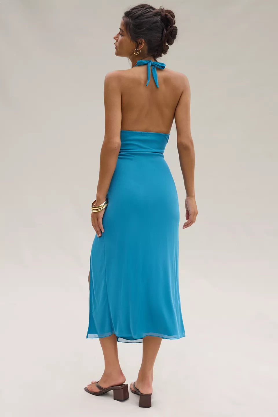 UO Deep Plunge Halter Ruched Mesh Midi Dress