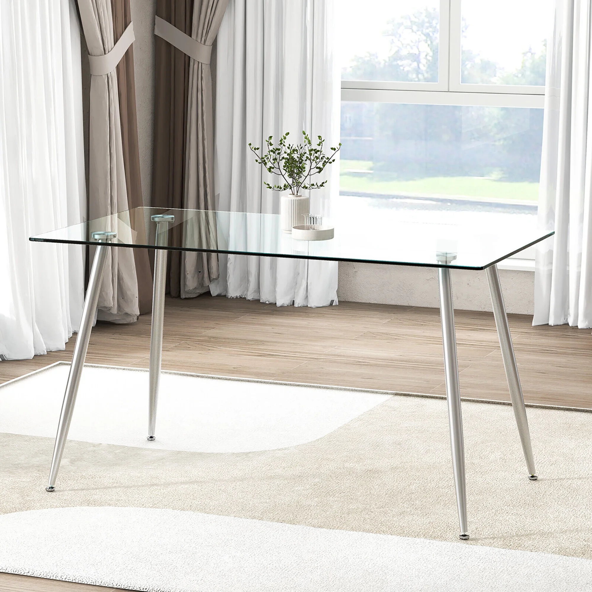 Gymax Modern Glass Dining Table Rectangular Dining Room Table W/Metal Legs For Kitchen Silver