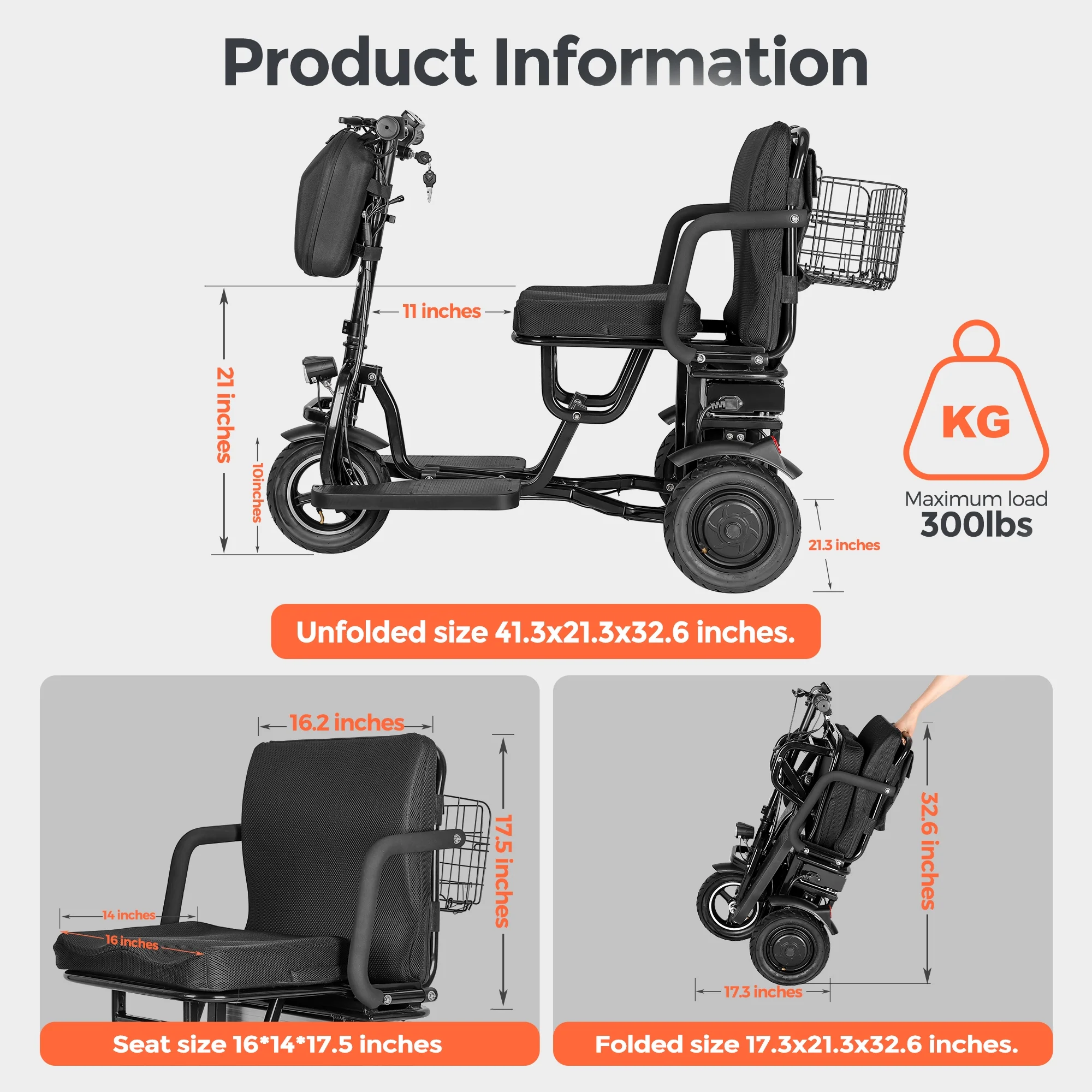 BAMACAR 3-Wheel Folding Mobility Scooter Lightweight for Seniors & Adults 300 lbs, Portable Powered Handicap All Terrain Travel Scooter, Mobility Scooters Foldable Collapsible Electric Scooters Black - Image 2